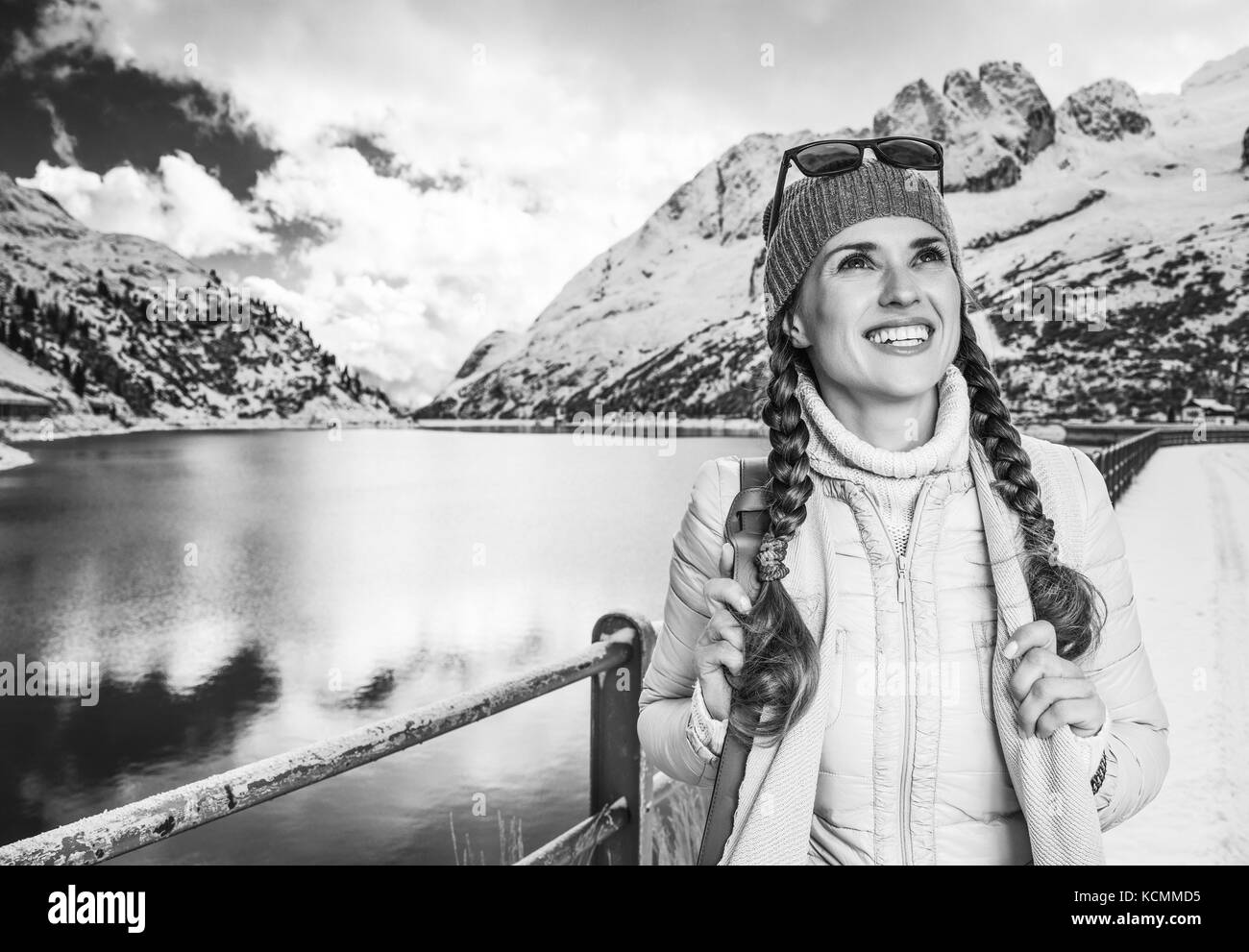 Female hiker mountain lake Black and White Stock Photos & Images - Alamy