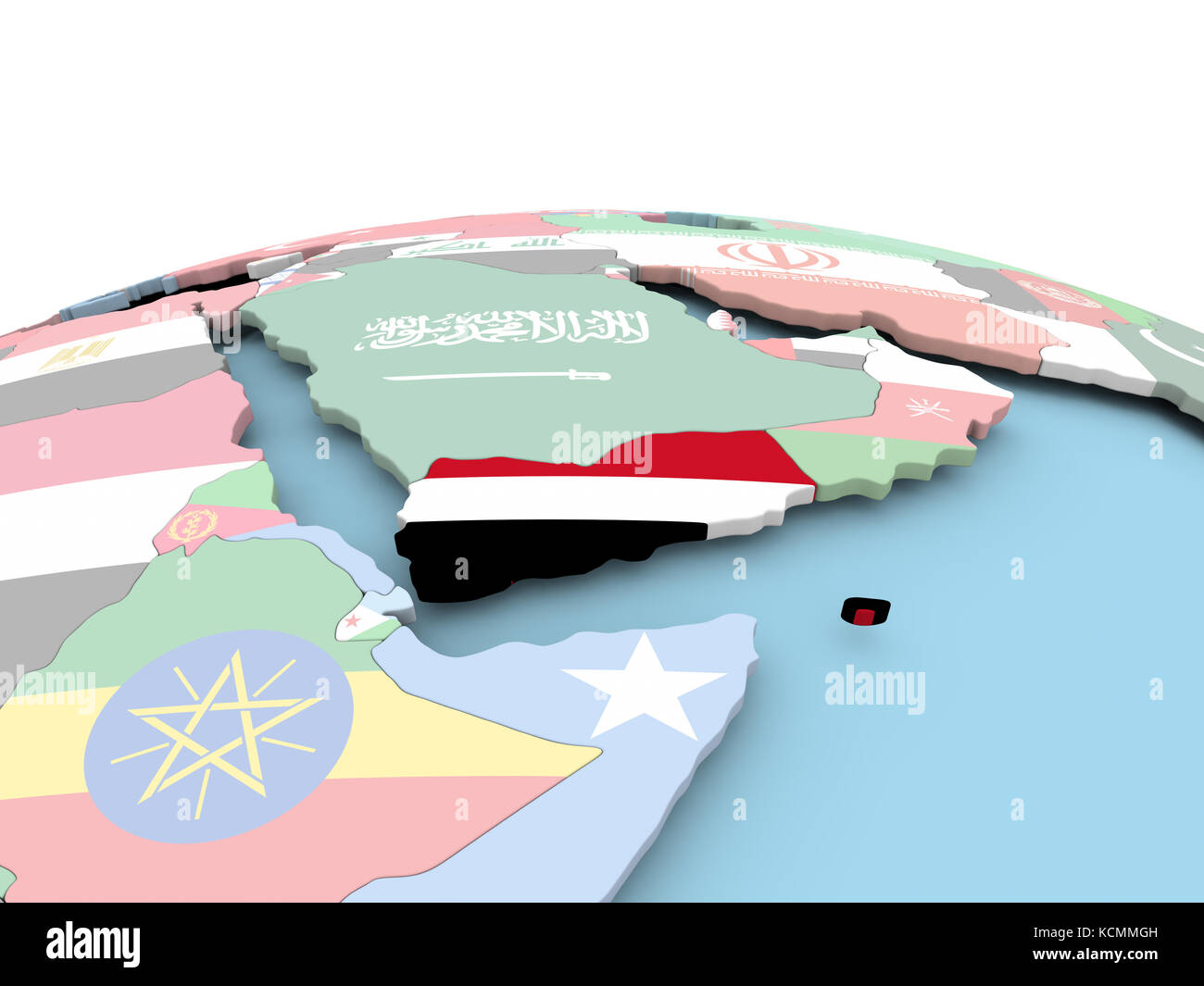 Yemen on political globe with embedded flags. 3D illustration Stock ...