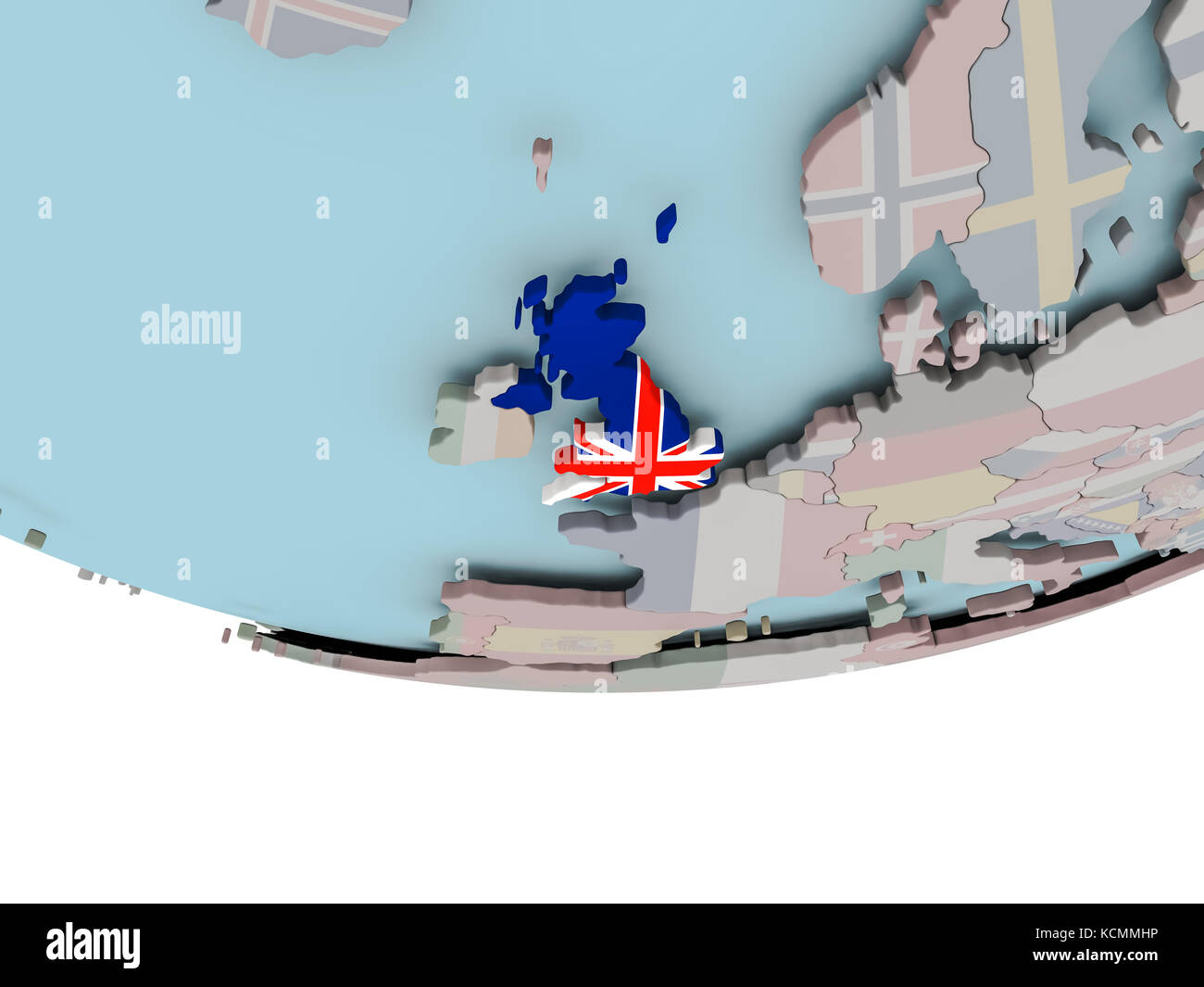 3D illustration of United Kingdom with embedded flag on political globe ...