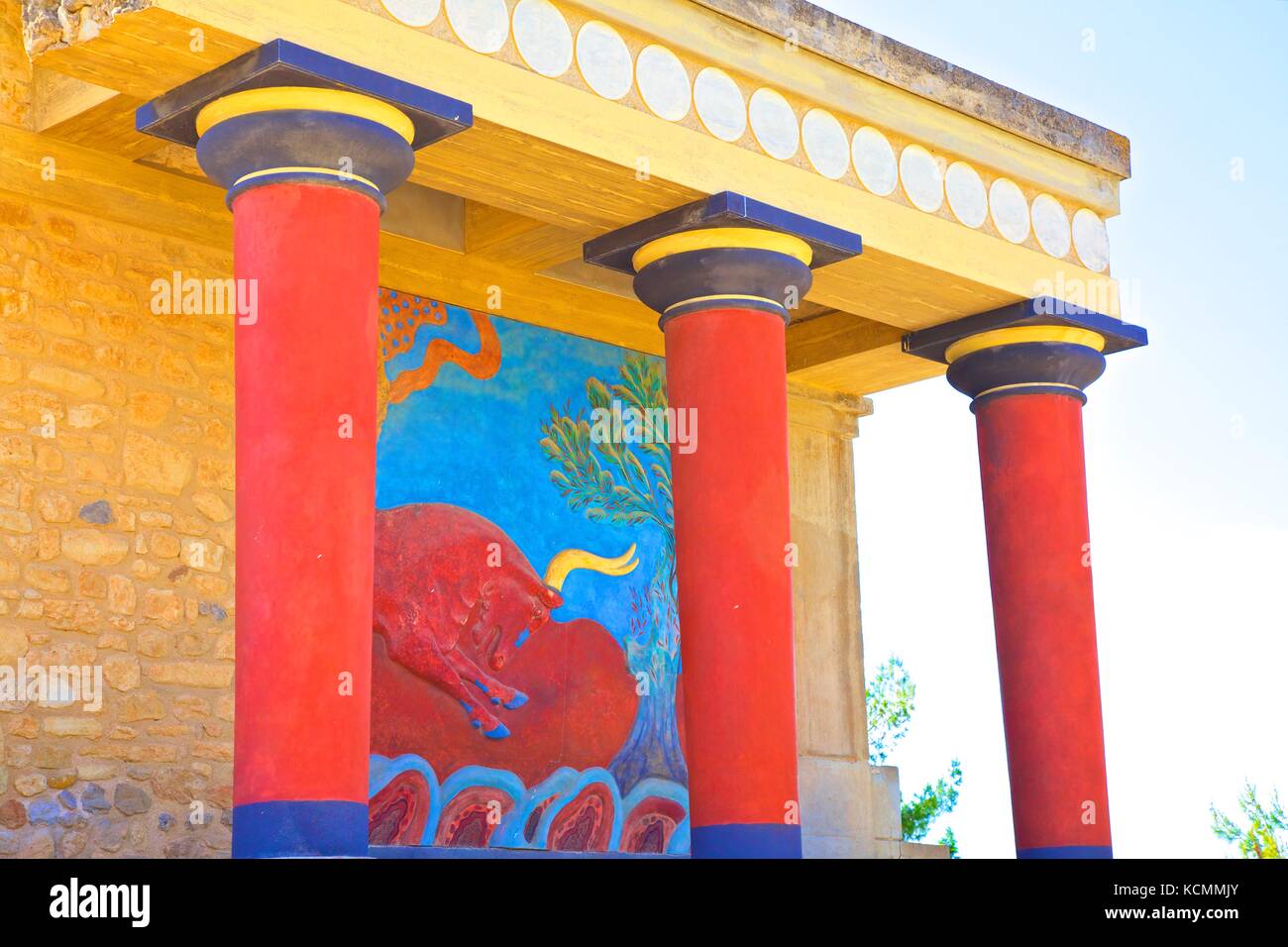 Charging Bull And Olive Tree Fresco, The Minoan Palace Of Knossos,  Knossos, Heraklion, Crete, Greece, Europe Stock Photo