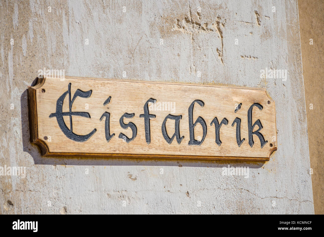 Wooden Eisfabrik or ice factory sign at ghost town Kolmanskop near Luderitz, Namibia, Southern Africa Stock Photo
