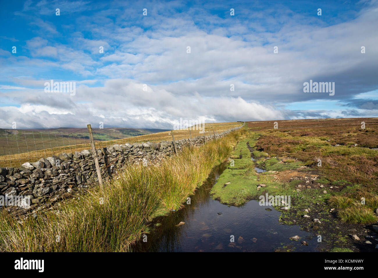 Wet footpath along Fremington edge near Reeth in the Yorkshire Dales, England. Stock Photo