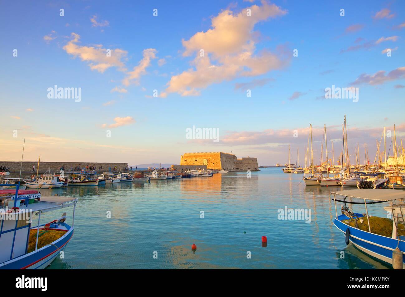 The Boat Lined Venetian Harbour and Fortress, Heraklion, Crete, Greek Islands, Greece, Europe Stock Photo