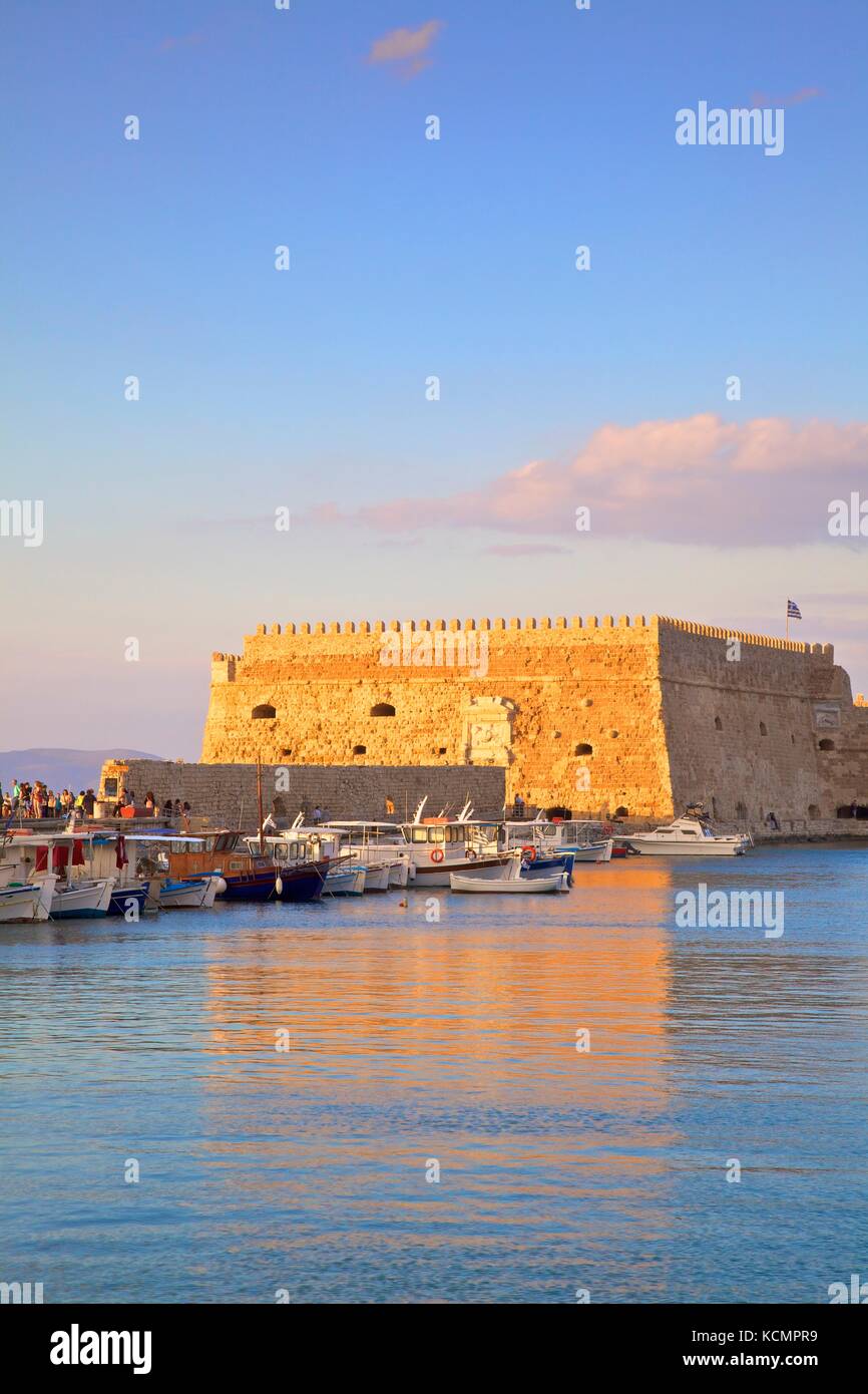 The Boat Lined Venetian Harbour and Fortress, Heraklion, Crete, Greek Islands, Greece, Europe Stock Photo