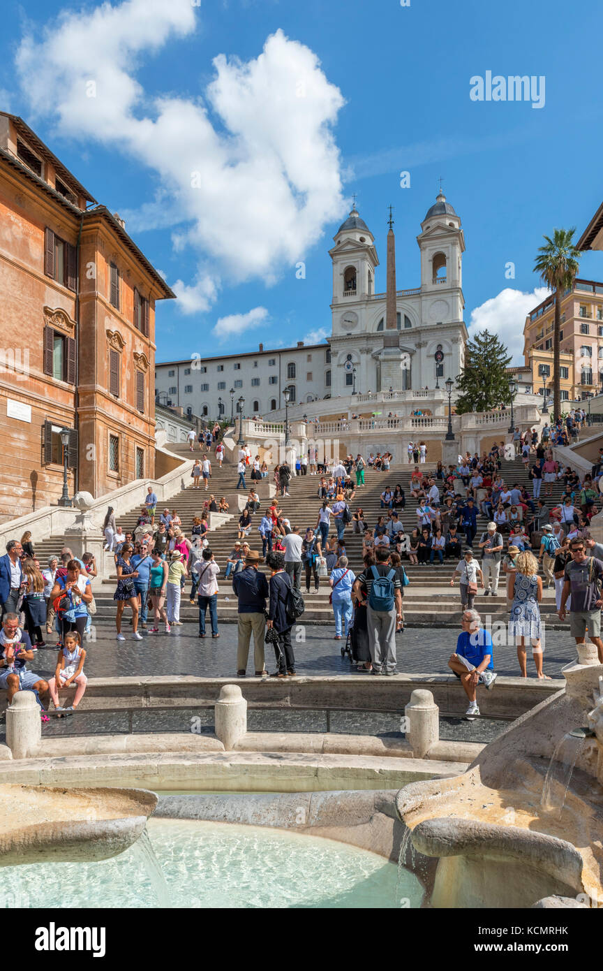 The Spanish Steps looking towards the Trinita dei Monti church with Fontana della Barcaccia in foreground, Piazza di Spagna, Rome, Italy Stock Photo