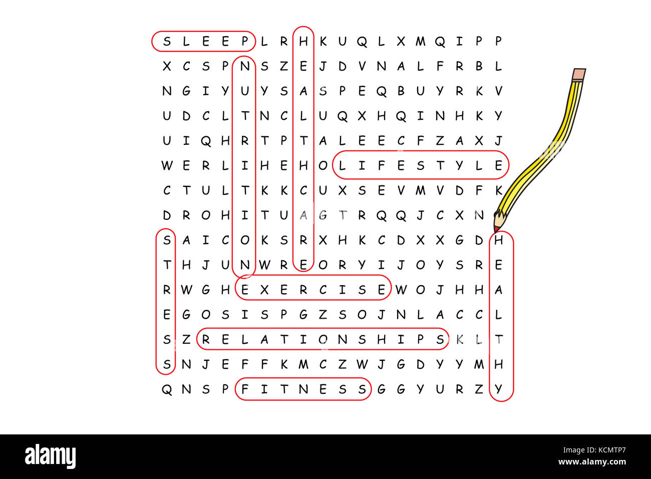 Finding a Healthy Lifestyle word search puzzle with associated words circled in red pencil Stock