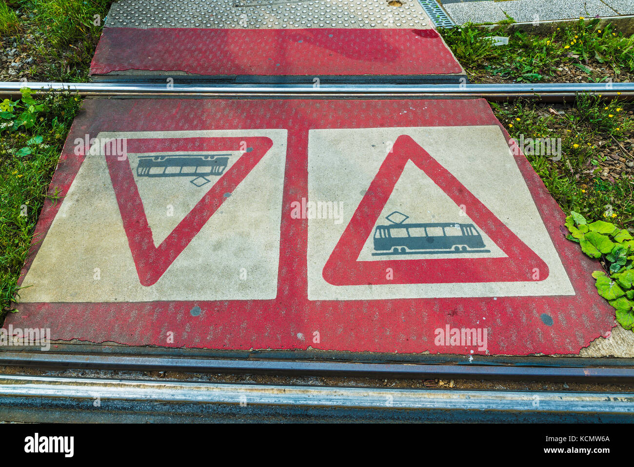 Warning sign of passage of a tram on street in Brussels, Belgium Stock Photo