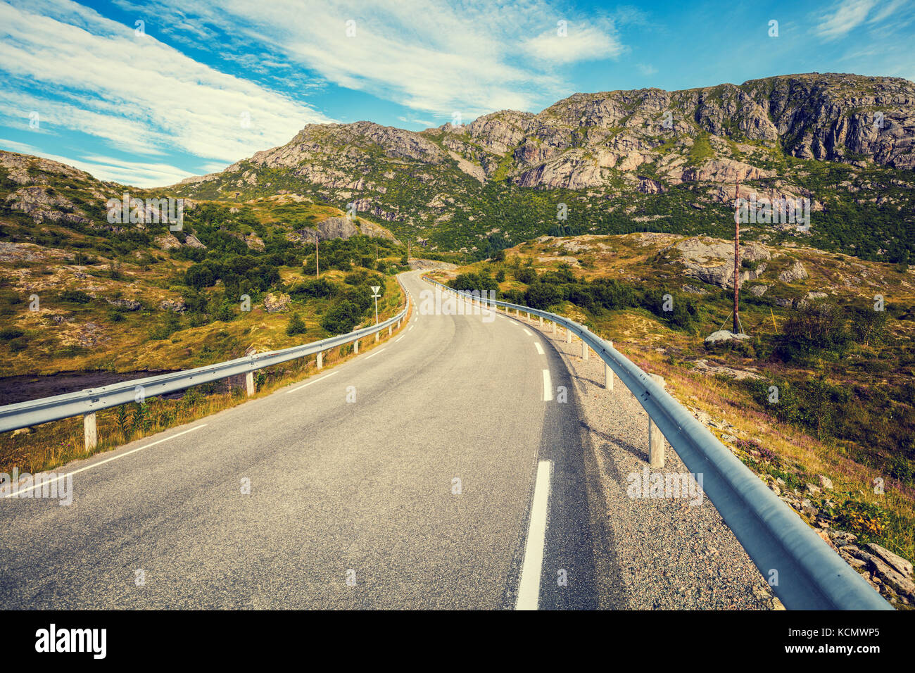 A winding mountain road. The beautiful nature of Norway. Lofoten