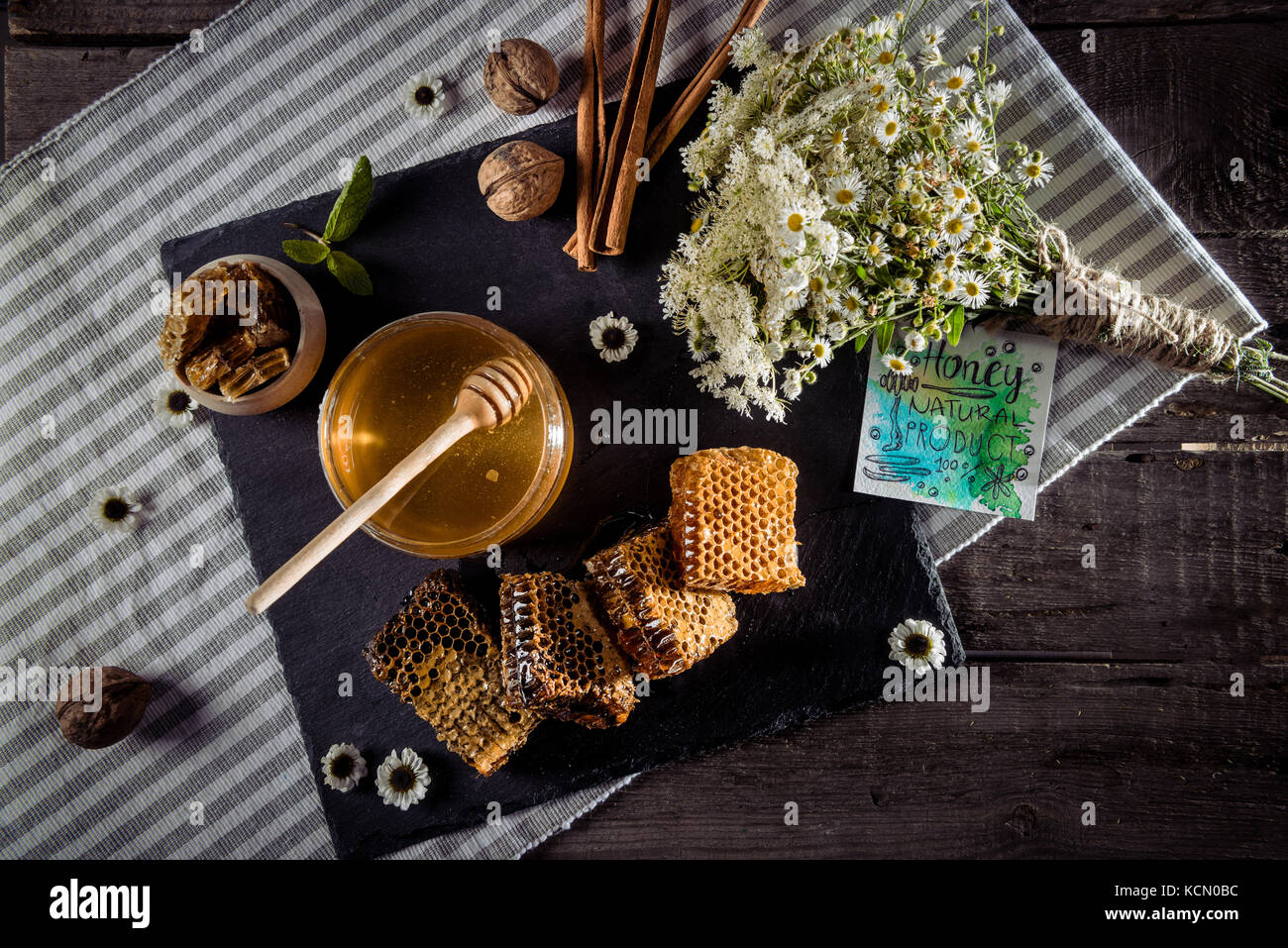 honeycombs with flowers and card  Stock Photo