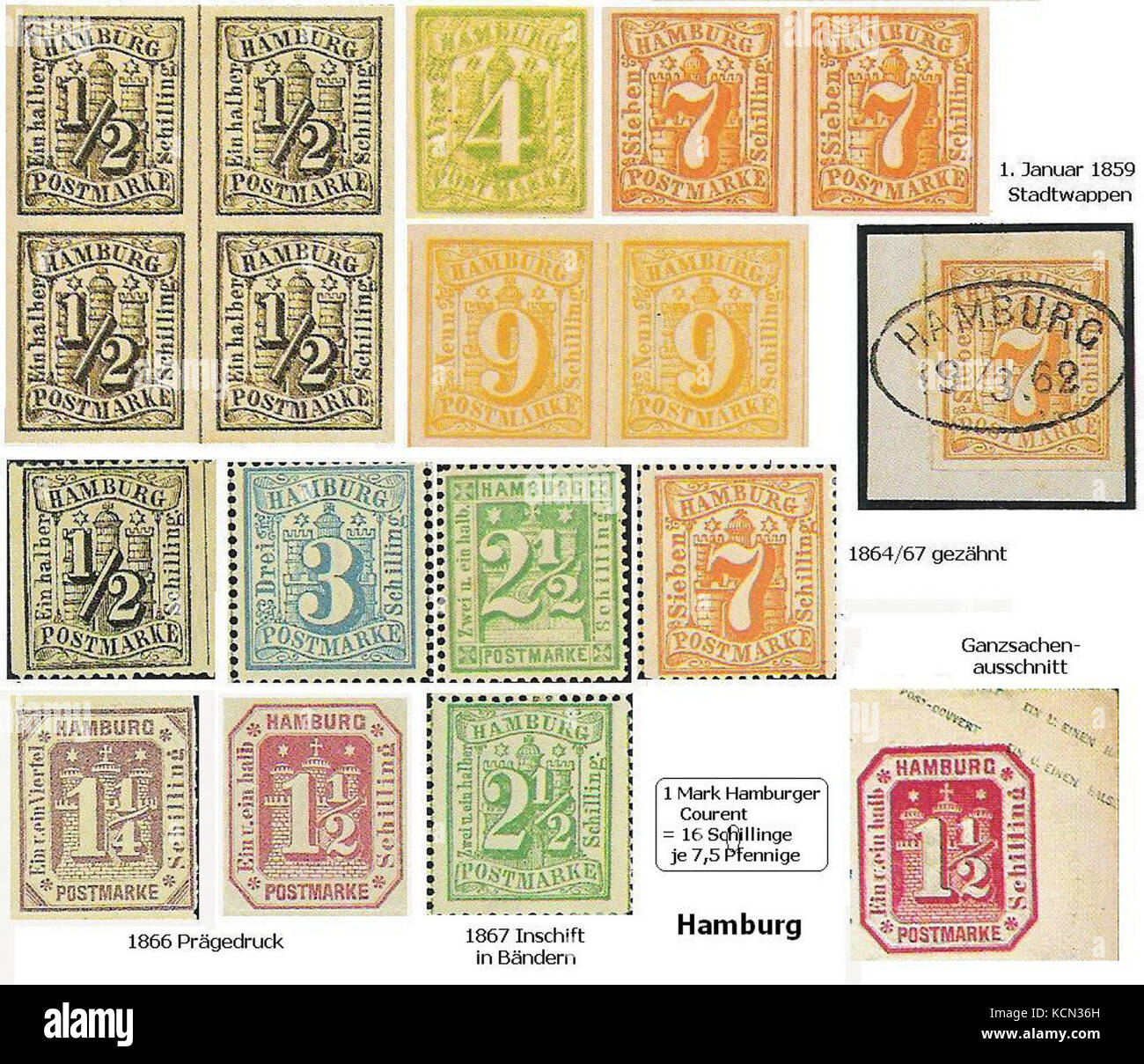 Hamburg City Post   stamps 19th century (de labeled) Stock Photo
