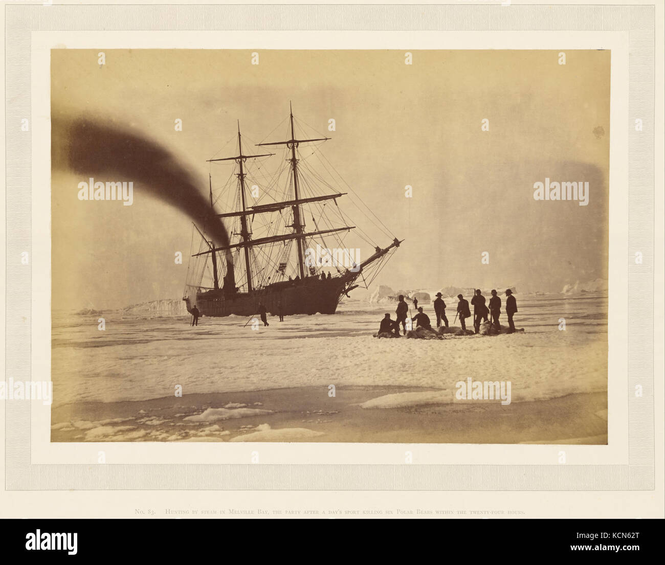 Dunmore & Critcherson (American, active Greenland 1869)   Hunting by steam in Melville Bay, the party after a day's sport killing six Polar bears within the t... Stock Photo