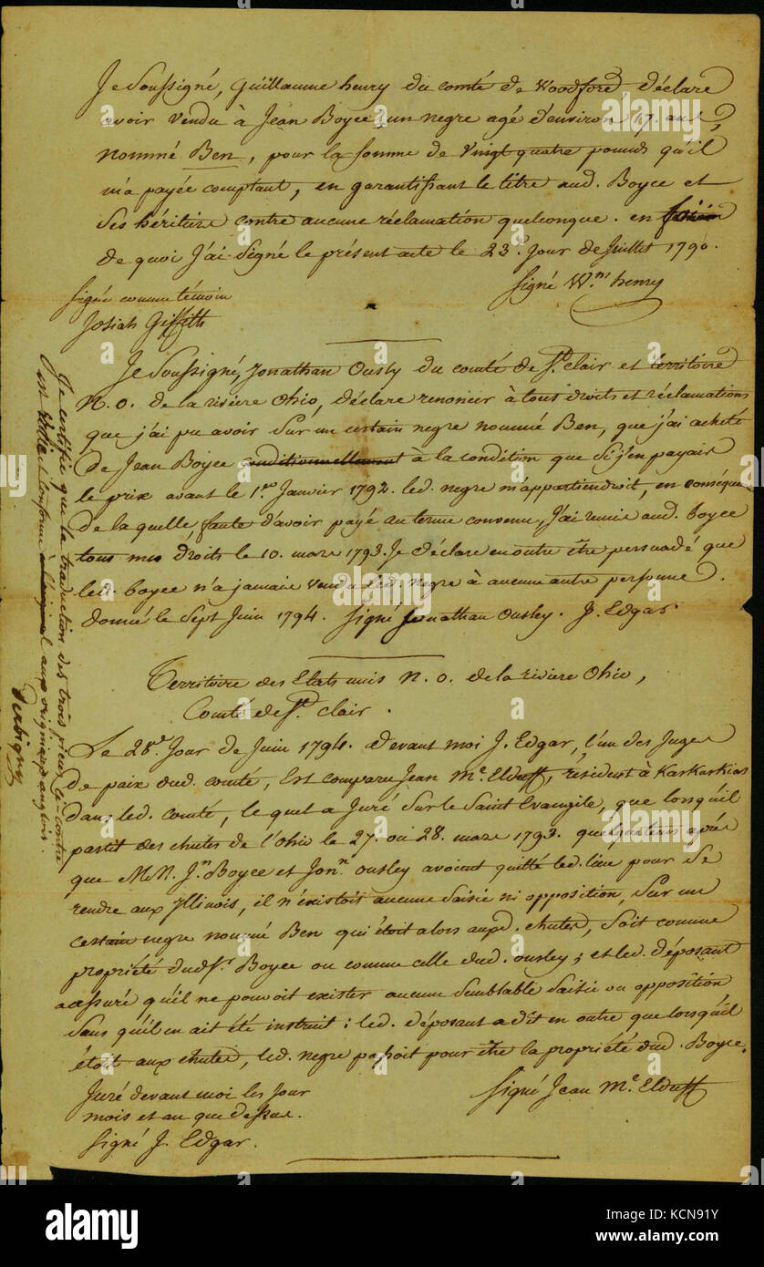 Deposition signed Jean McElduff, a resident of Kaskaskia, before J. Edgar, a justice of the peace in St. Clair County, Territory of the United States Northwest of the Ohio River, June 28, 1794 Stock Photo