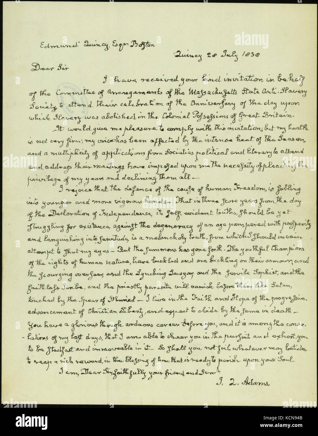 Facsimile reproduction of letter signed J. Q. Adams, Quincy, to Edmund Quincy, Boston, July 28, 1838 Stock Photo