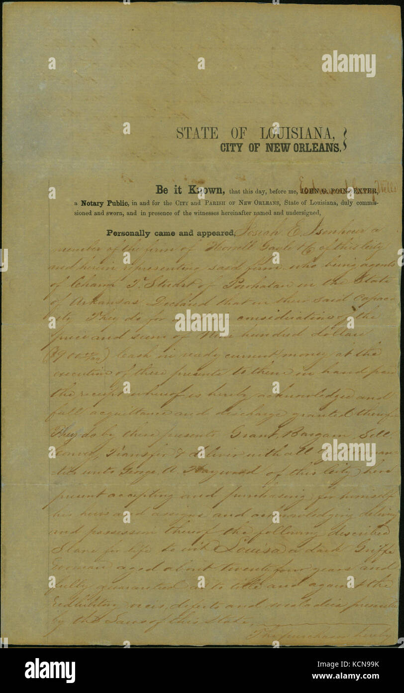 Deed of sale signed Josiah E. Isenhour, a member of the firm of Horrell Gayle and Co. of New Orleans, agents of Champ T. Stuart of Powhatan, Arkansas, April 30, 1858 Stock Photo