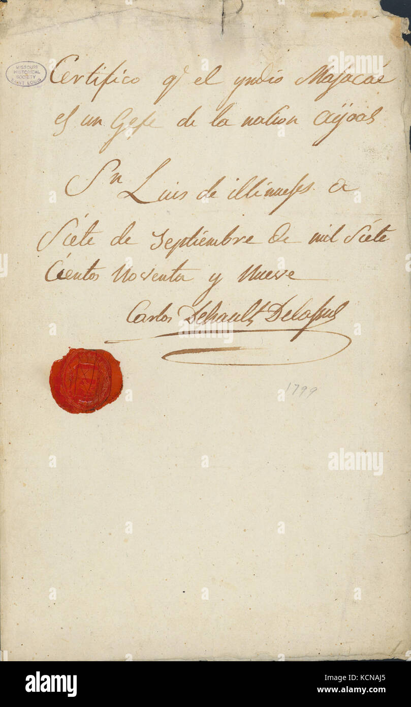 Certificate signed Carlos Dehault Delassus regarding Indian Masacae, September 7, 1799 Stock Photo