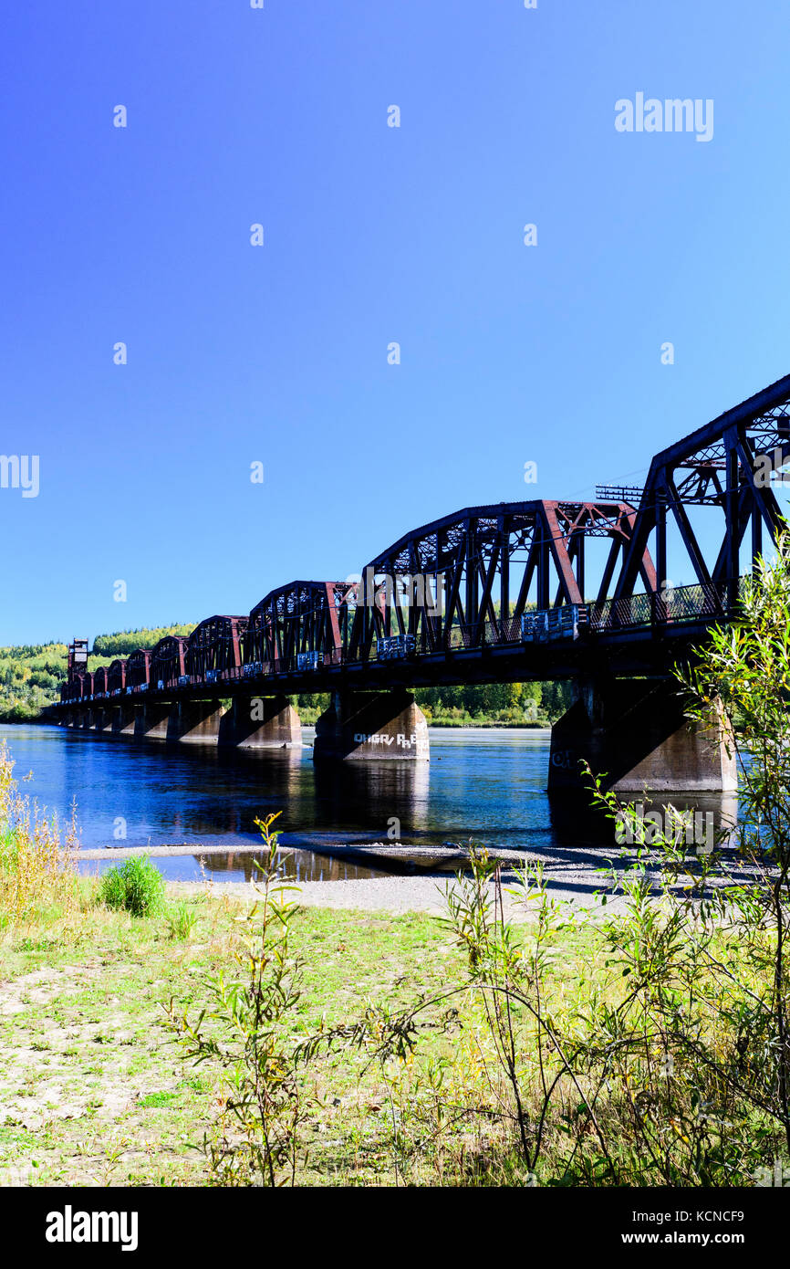 A rail bridge over the Fraser River in Prince George, British Columbia Stock Photo