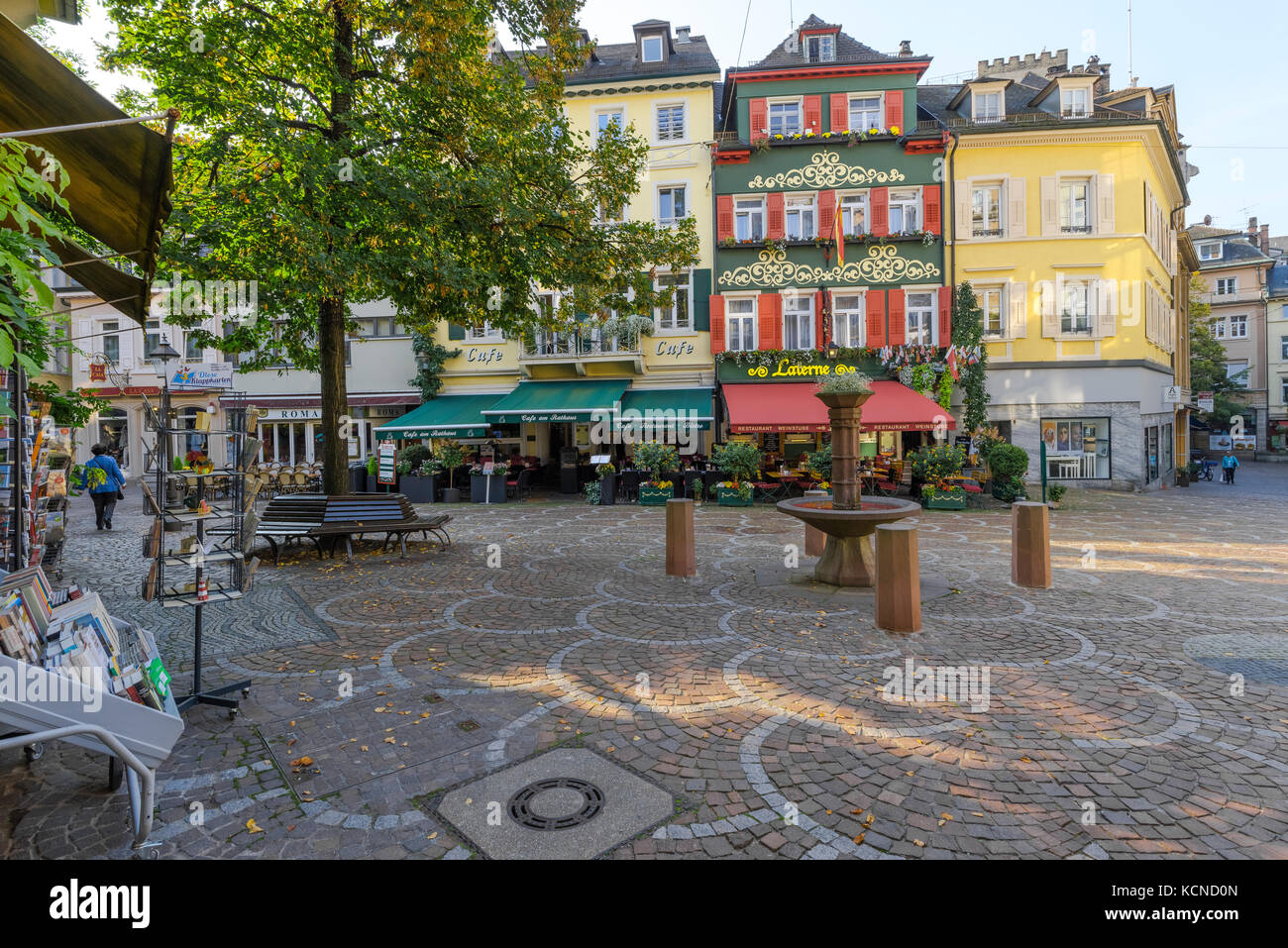 square in the city with old houses and fountain, spa town Baden-Baden, Baden-Wuerttemberg, outskirts of Black Forest, Germany Stock Photo