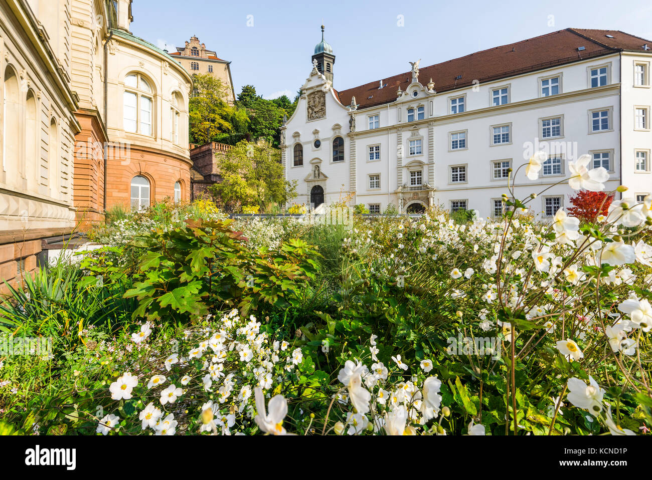 grammar school Klosterschule vom Heiligen Grab right, Friedrichsbad Therme on the left and the new castle above in the spa town Baden-Baden, Germany Stock Photo