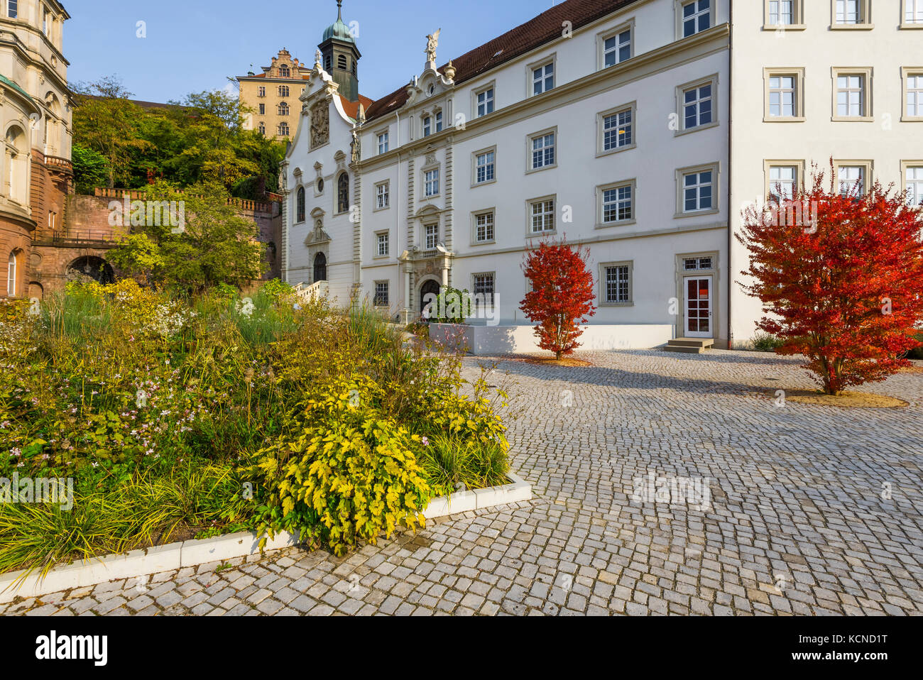 grammar school Klosterschule vom Heiligen Grab right, Friedrichsbad Therme on the left and the new castle above in the spa town Baden-Baden, Germany Stock Photo