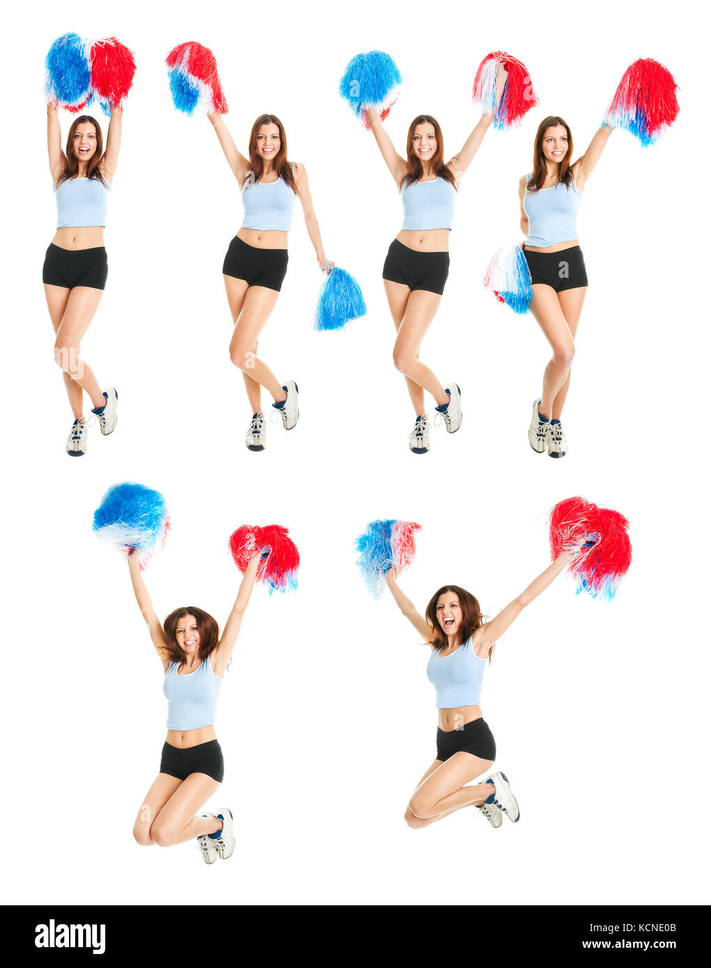 Set of photos with beautiful cheerleader. Isolated on white background Stock Photo