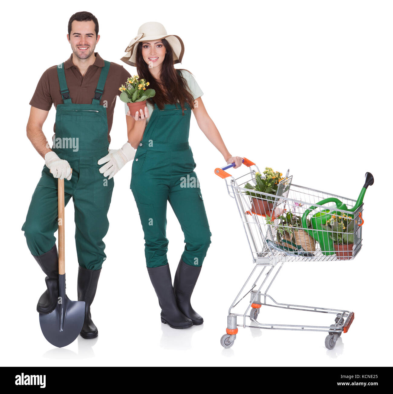 Portrait of male and female gardeners. Isolated on white Stock Photo