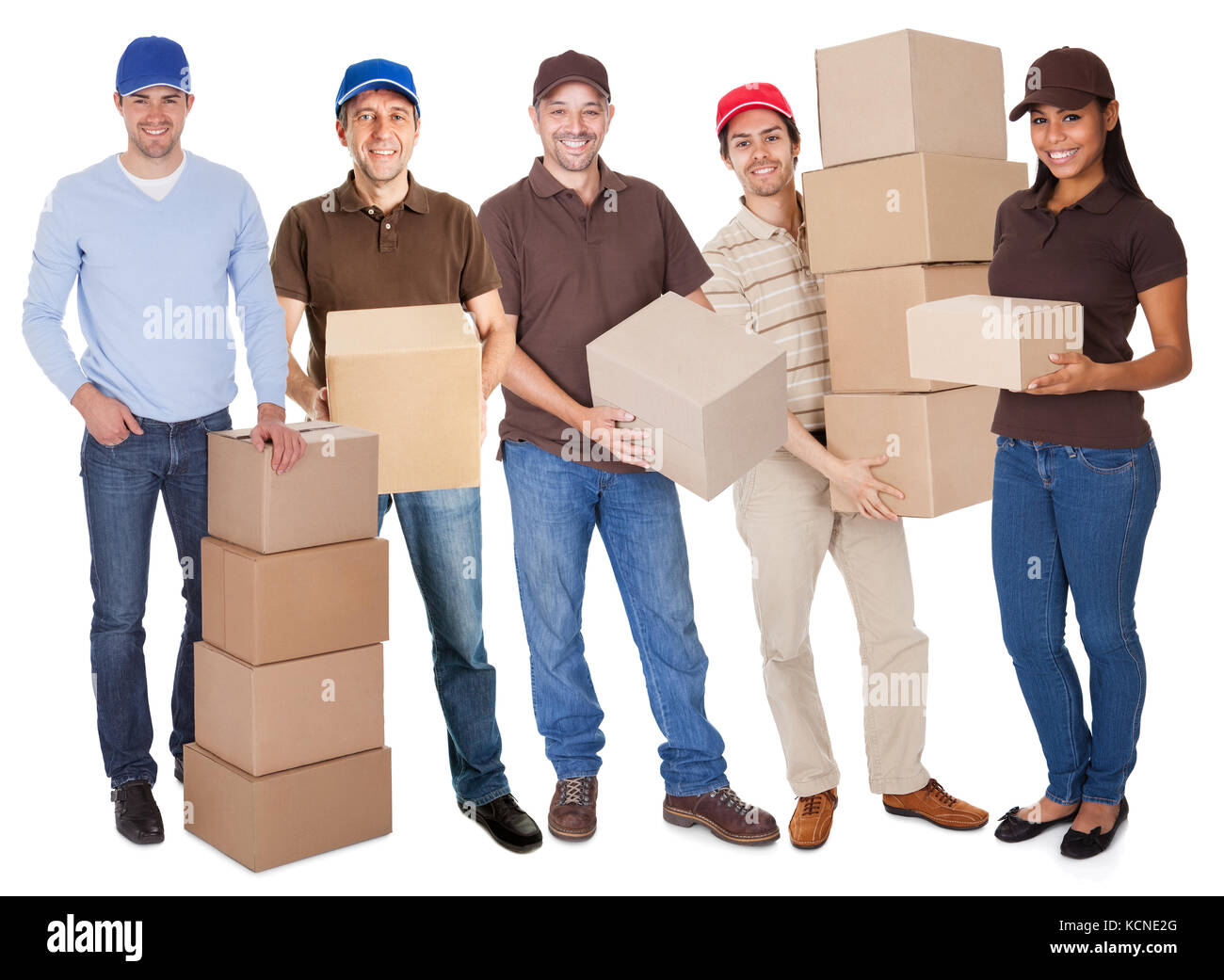 Group of delivery people with boxes. Isolated on white Stock Photo - Alamy