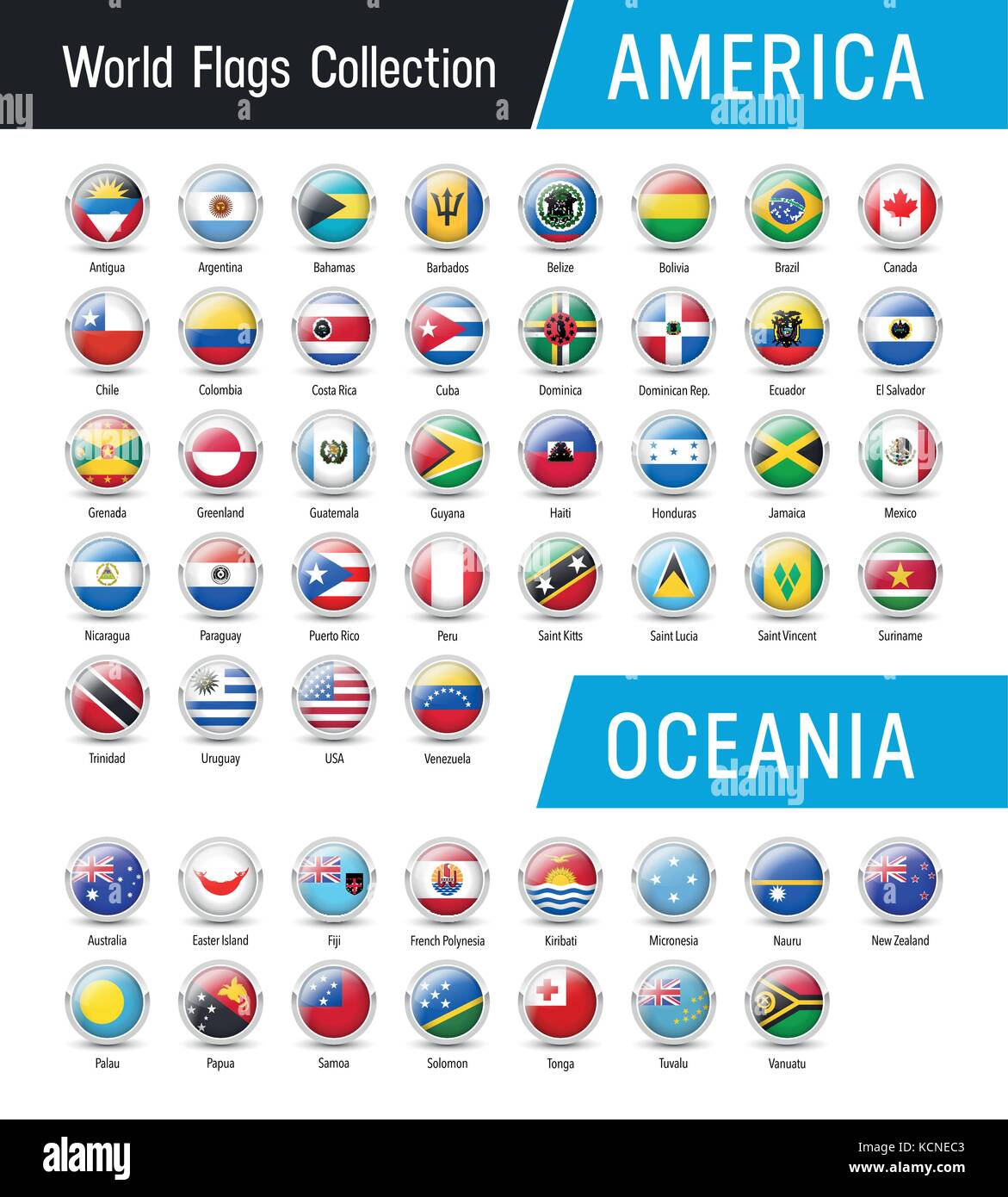 Flags of America and Oceania, inside round icons - Vector world flags collection Stock Vector