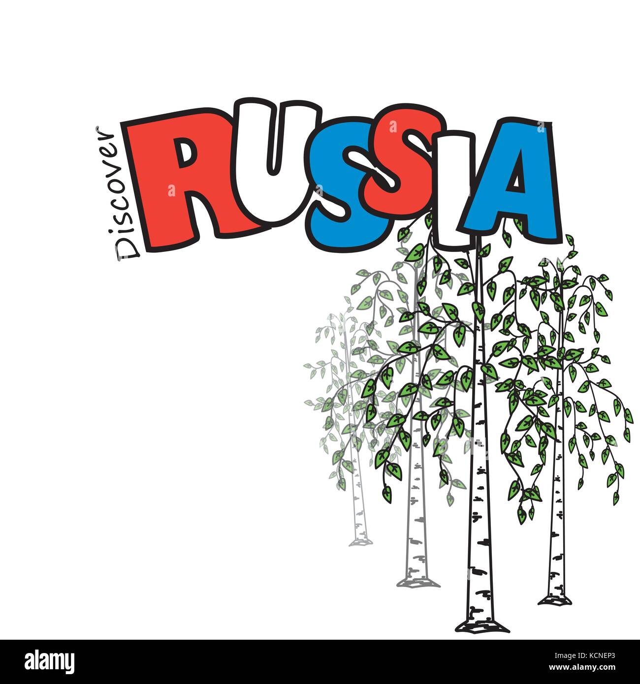 Inscription- Discover Russia and birch on a white background, vector illustration Stock Vector