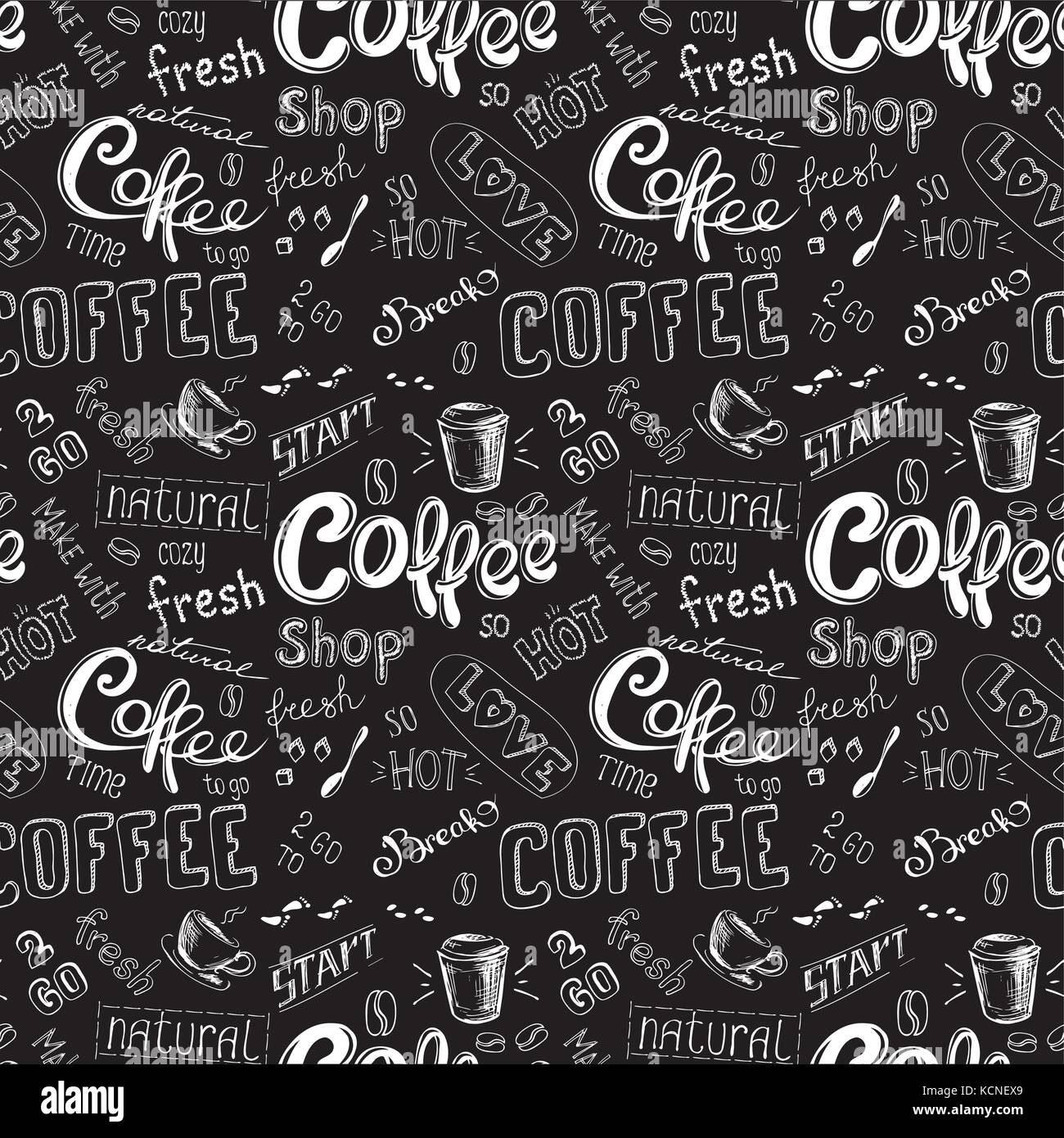 seamless doodle coffee pattern on black background ,hand drawn vector