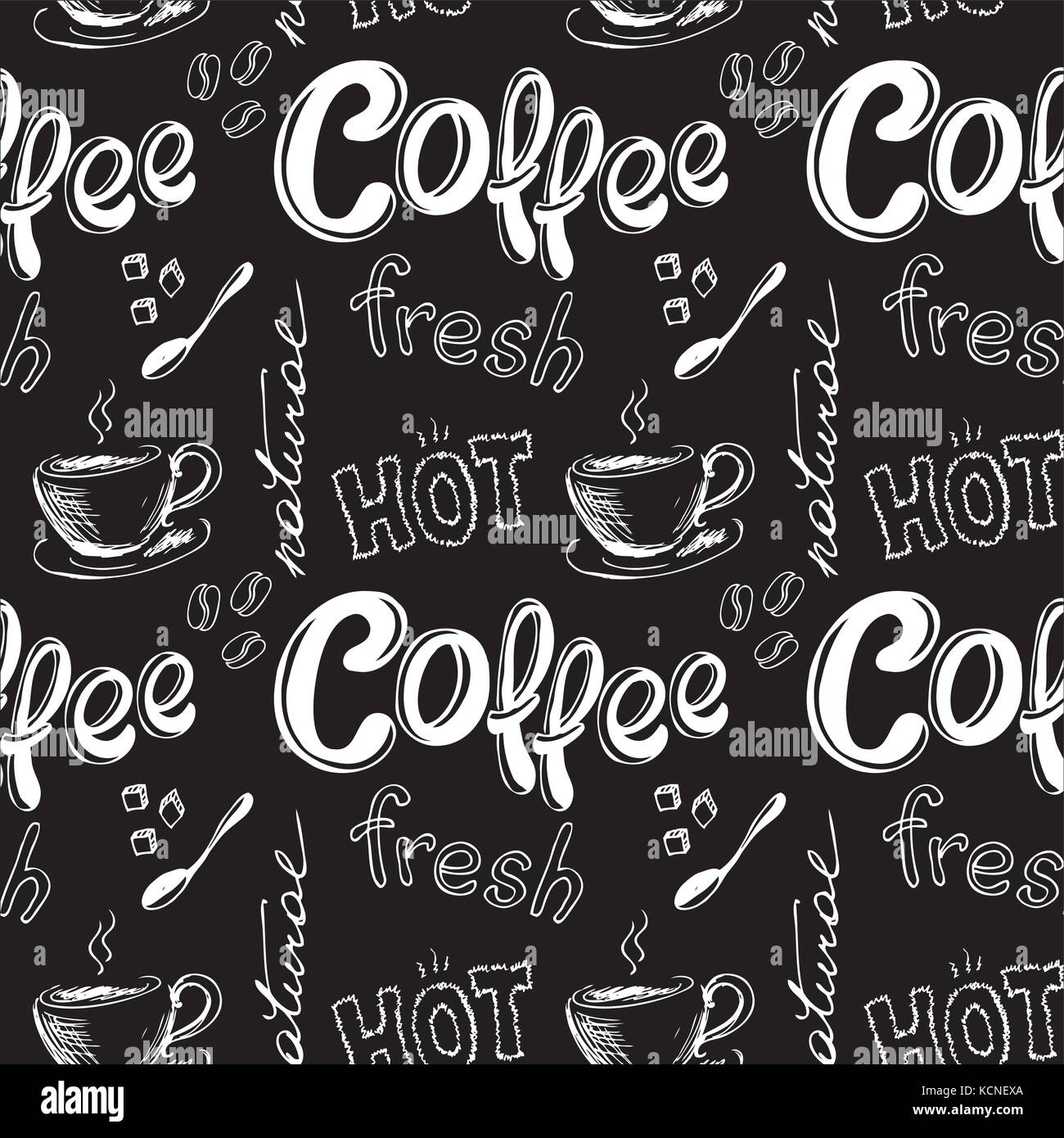 seamless doodle coffee pattern on black background ,hand drawn vector ...