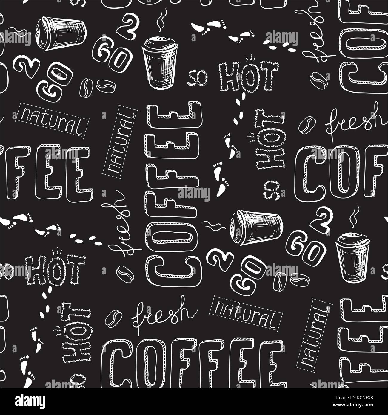 seamless doodle coffee pattern on black background ,hand drawn vector ...