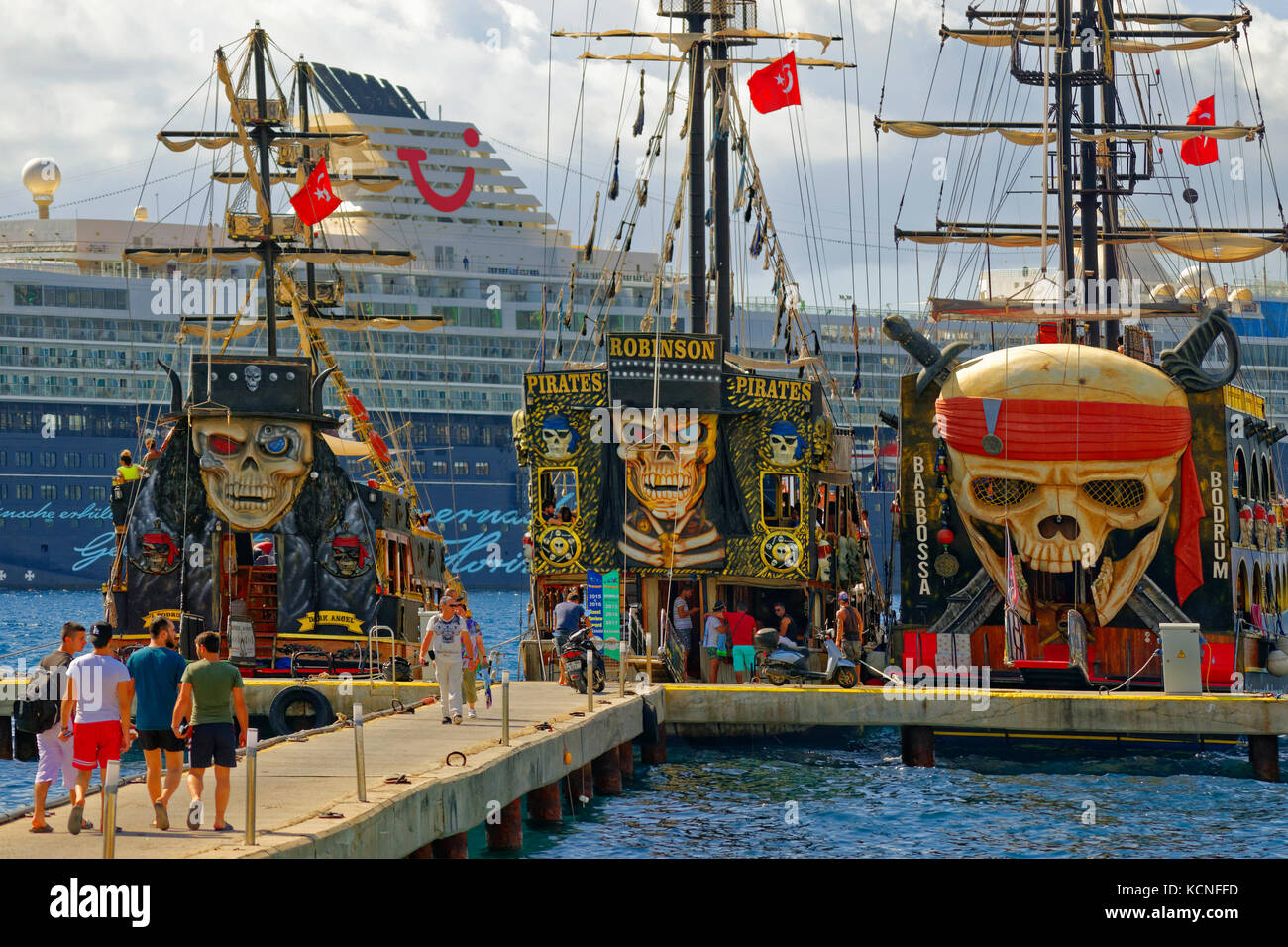 Mock 'pirate ship' tourist boats at Bodrum harbour, Mugla, Turkey. Stock Photo