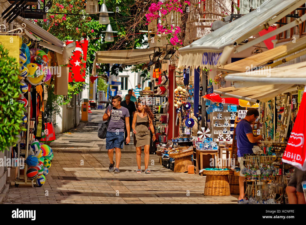 Alleyways and souvenir shops of Bodrum town in Mugla, southern Turkey. Stock Photo