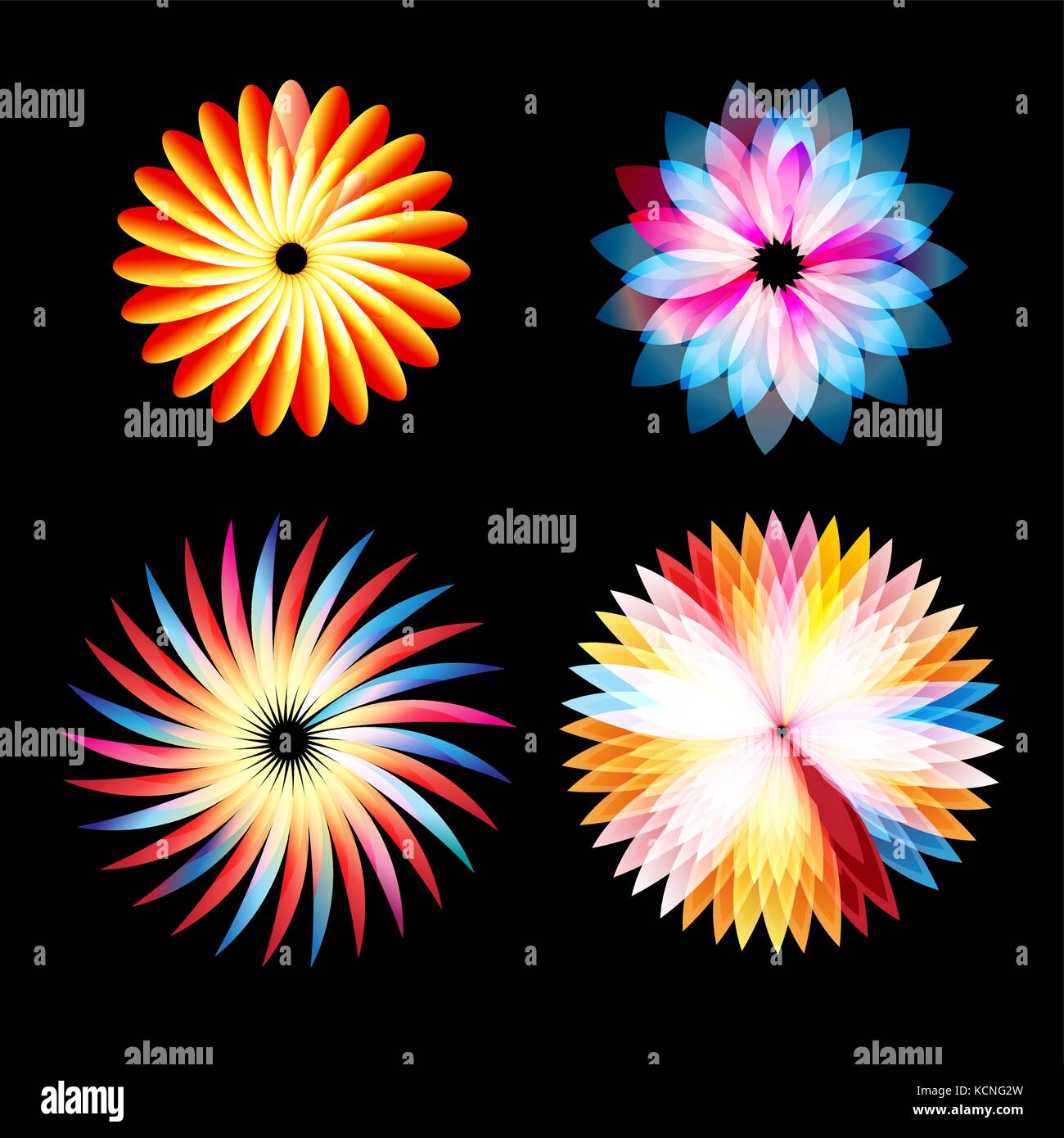 Vector abstract set of glowing multicolored flowers on a dark background Stock Vector