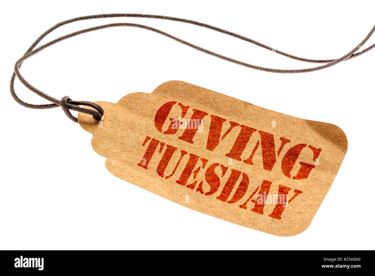 Giving Tuesday sign - a paper price tag with a twine isolated on white Stock Photo
