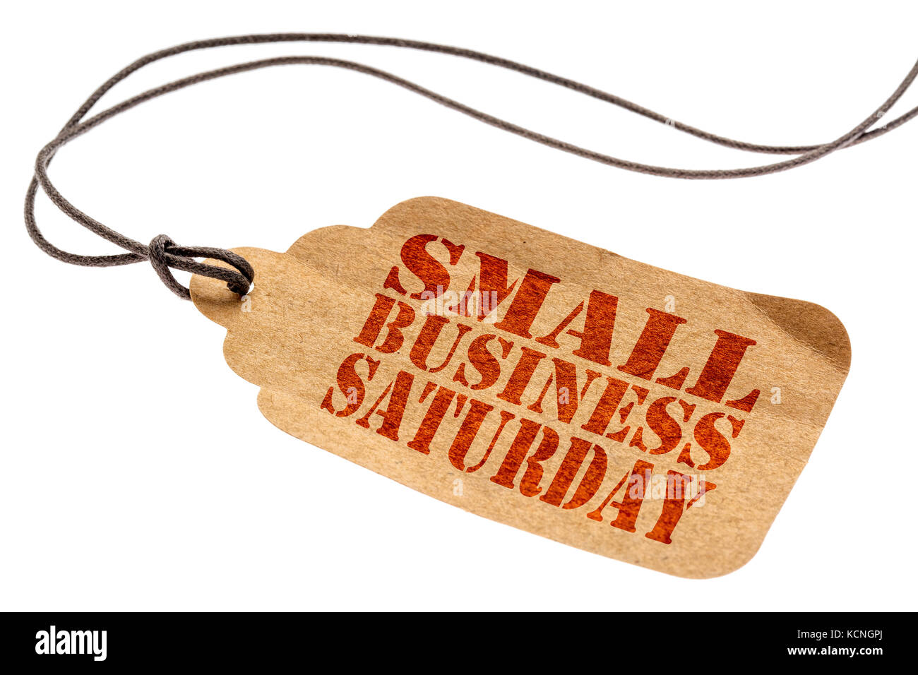Small Business Saturday sign - a paper price tag with a twine isolated on white Stock Photo