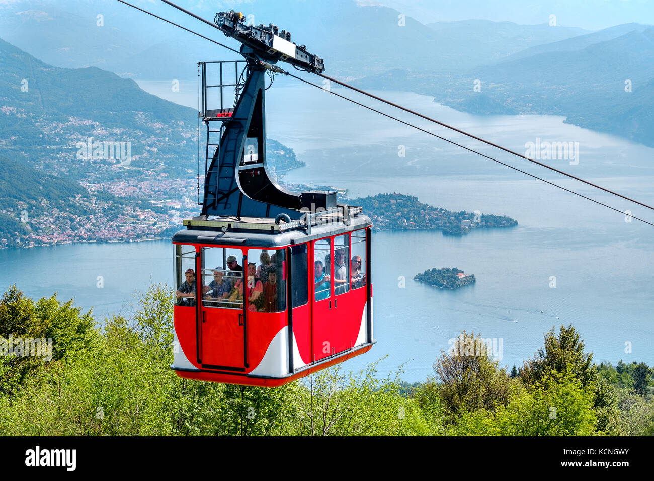 Lago Maggiore (Lake Maggiore) cableway cabin go downhill from the mount Mottarone top (Stresa, Italy, May 22 2017) Stock Photo