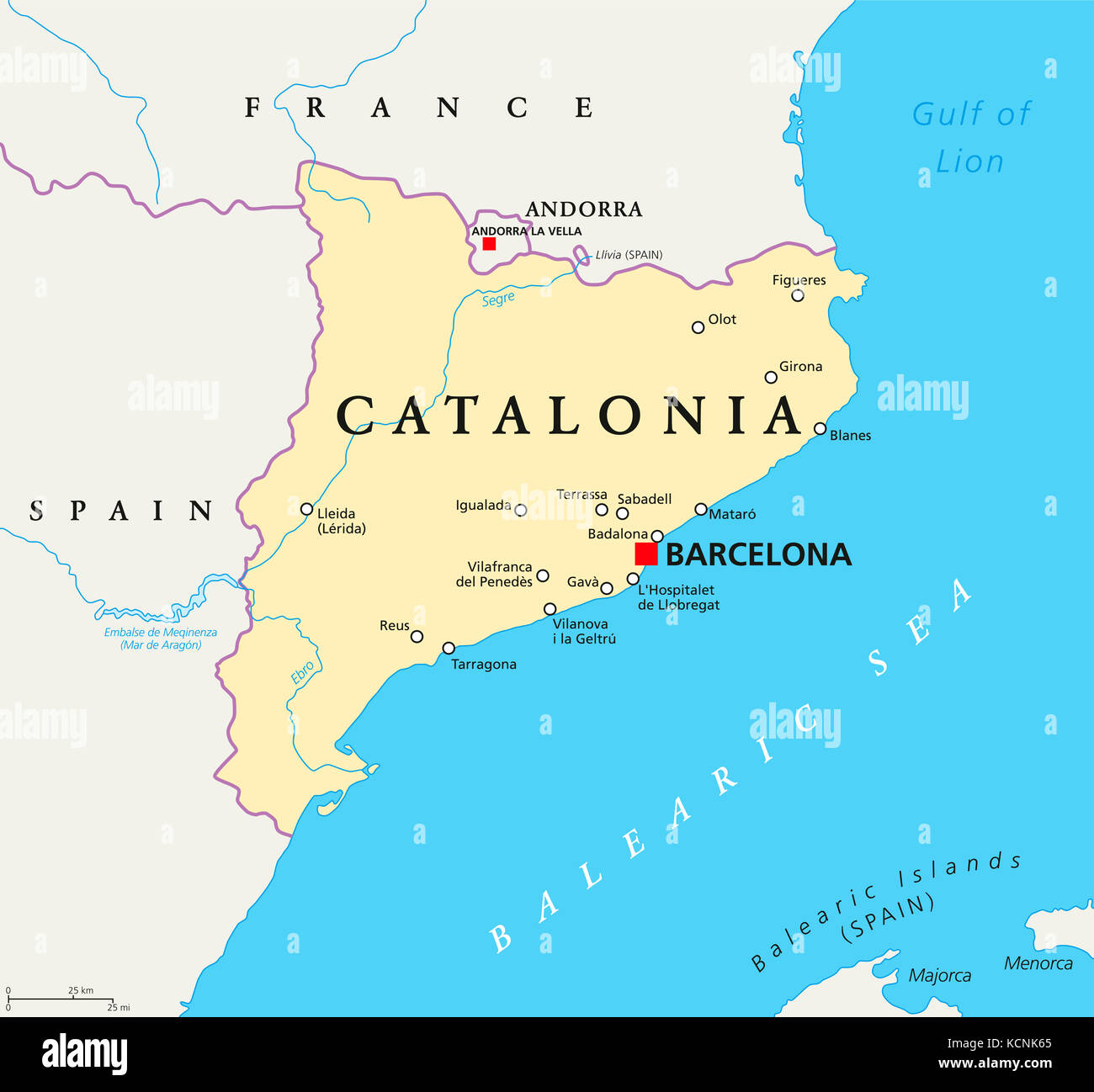 Catalonia political map with capital Barcelona, borders and important cities. Autonomous community of Spain on the Iberian Peninsula. Illustration. Stock Photo