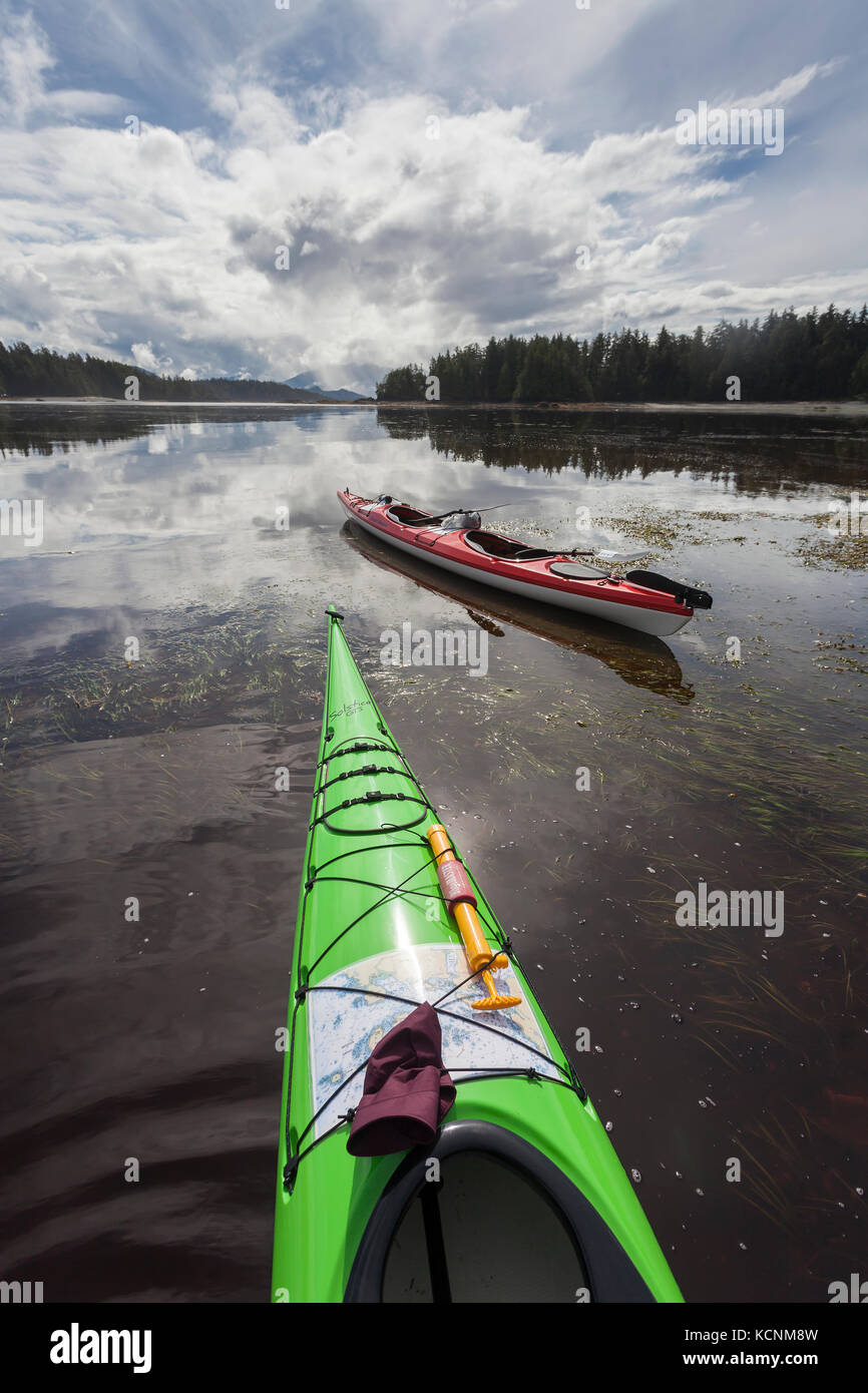 Ocean scenic of Kayaks at low tide on Spring Island. Kyuquot, Vancouver