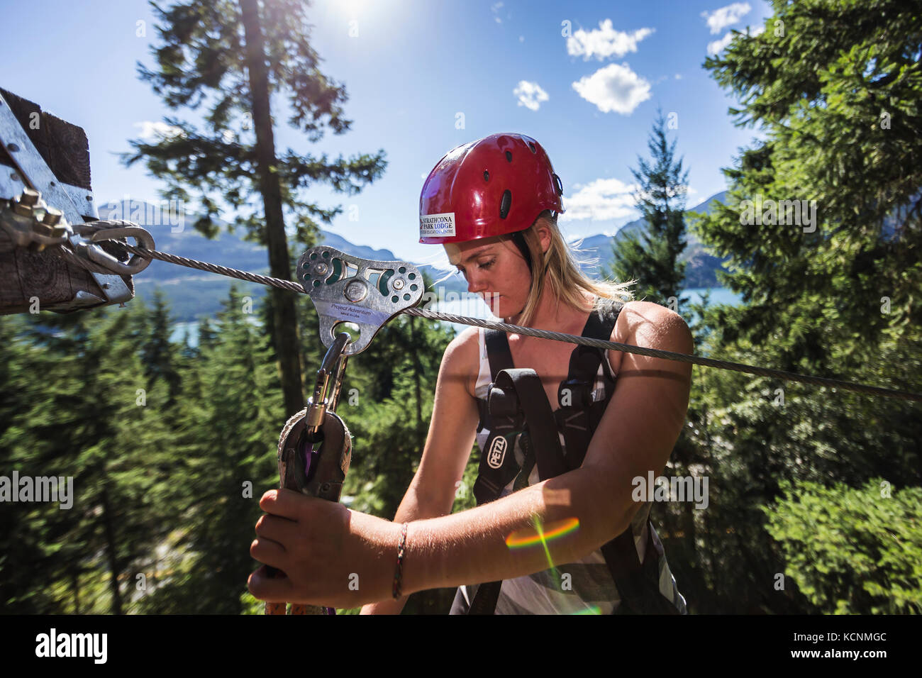 Students of the Canadian Outdoor leadersip training program run through various training exercises at Strathcona Park Lodge, Vancouver Island Stock Photo