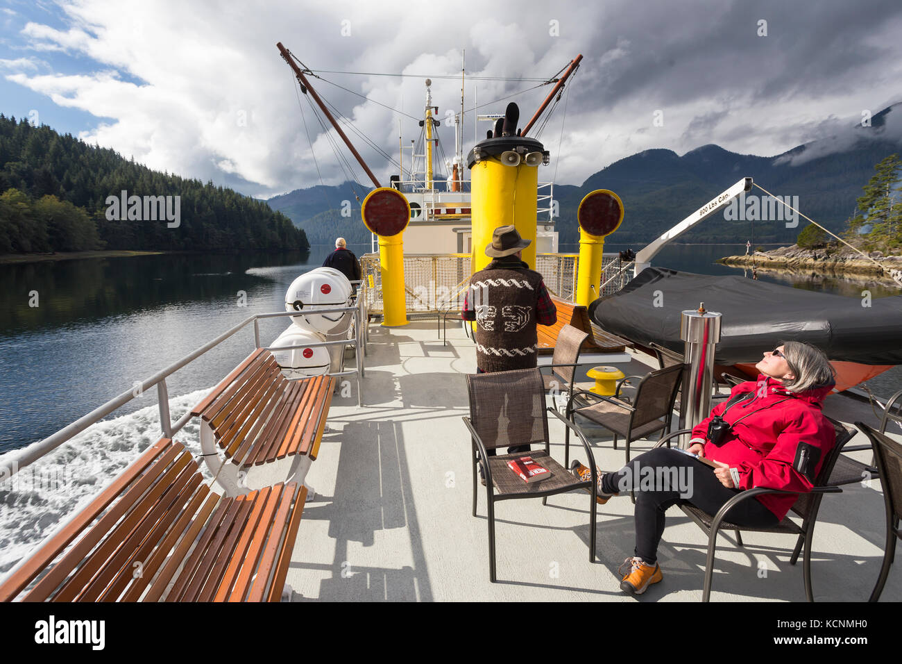 Wheelhouse of the supply boat the Uchuck 111 travelling between Gold River and Friendly Cove along the British Columbia coast, Canada Stock Photo