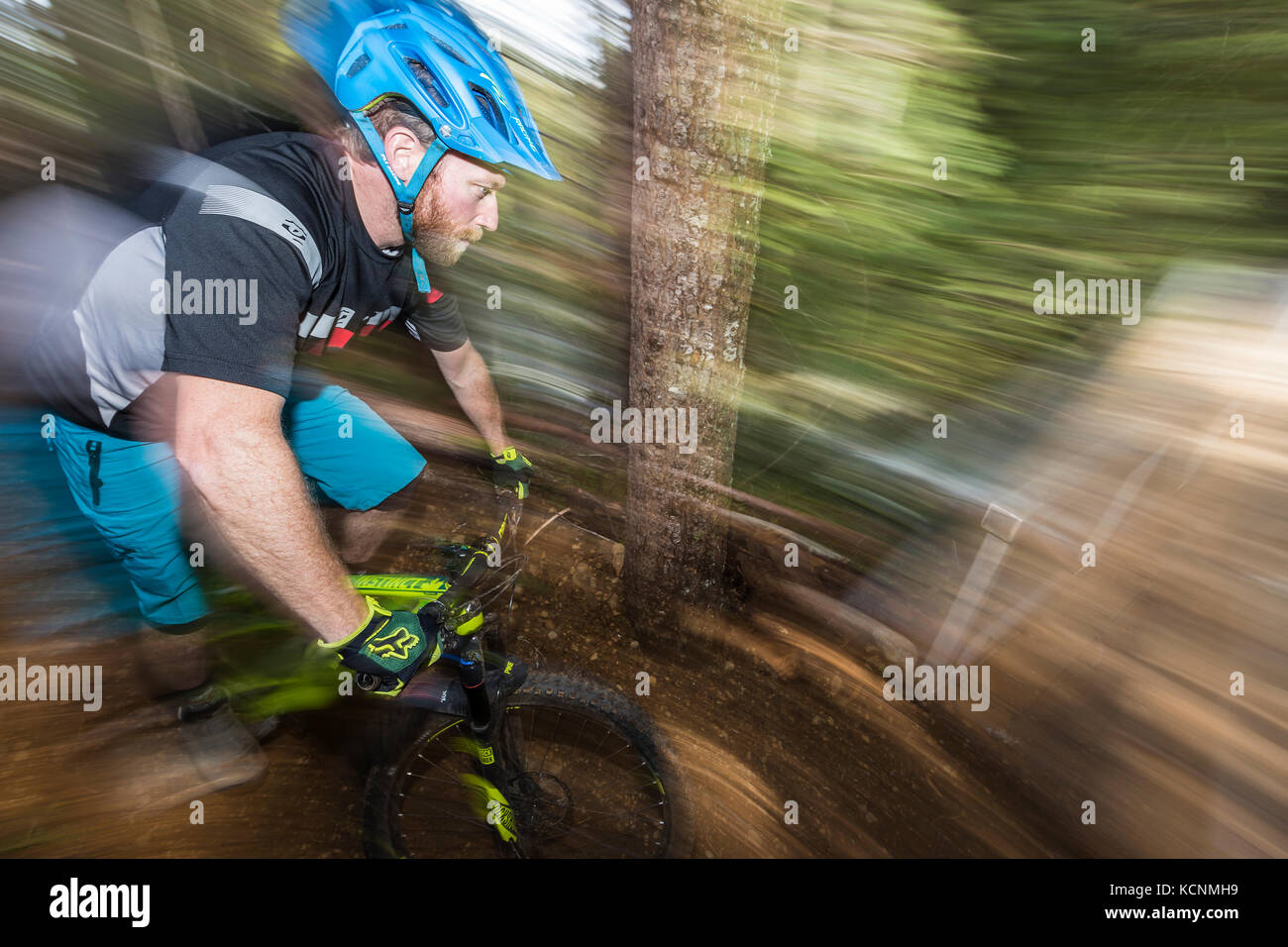 A motion oriented mountain biker prepares to cross the newly built Sykes Bridge while riding on one of the many mountian bike trails in the Cumberland area, Cumberland, The Comox Valley, Vancouver Island, British Columbia, Canada Stock Photo