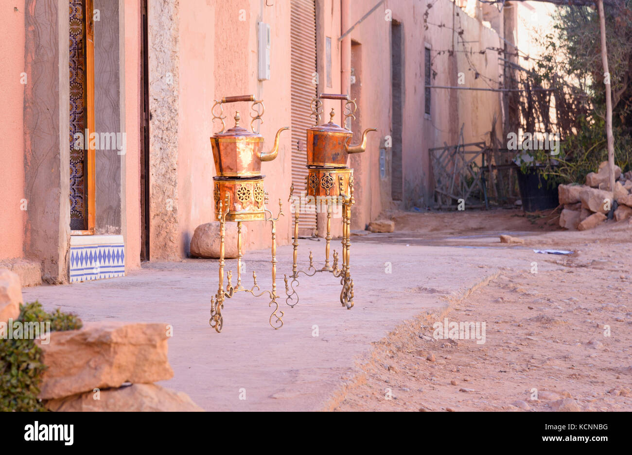 Traditional Copper kettle and burner on sale in the street. Morocco
