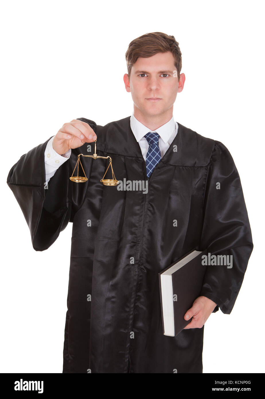 Male Lawyer Holding Weight Scale And Book Over White Background Stock