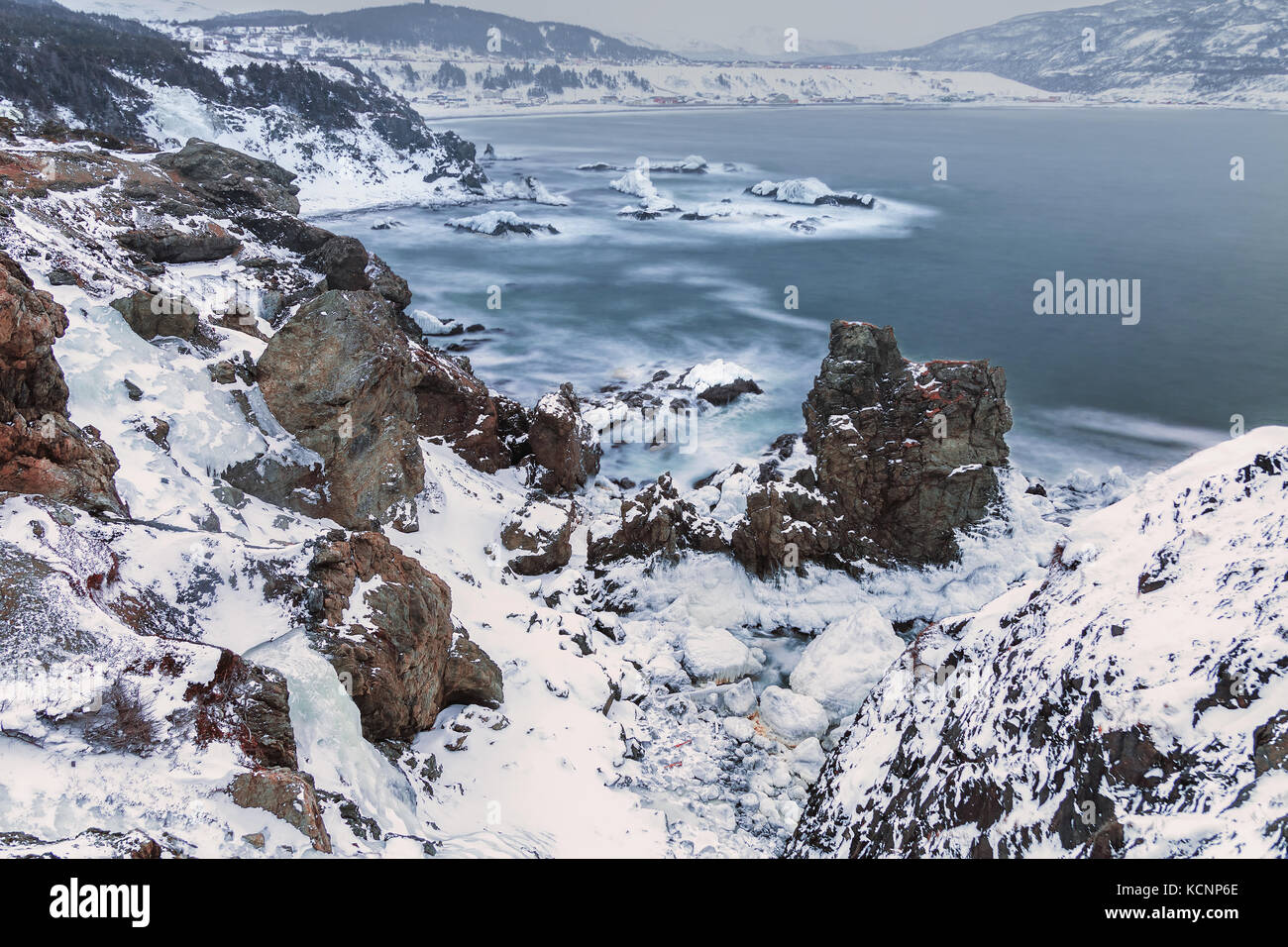 Winter, Fishing Community of Trout River, Gros Morne National Park, Newfoundland & Labrador Stock Photo