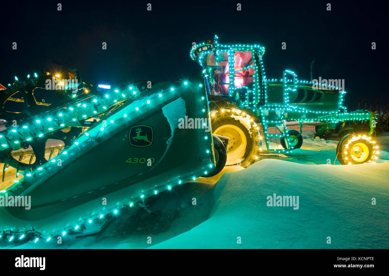 swather with Christmas lights, Manitoba, Canada Stock Photo Alamy