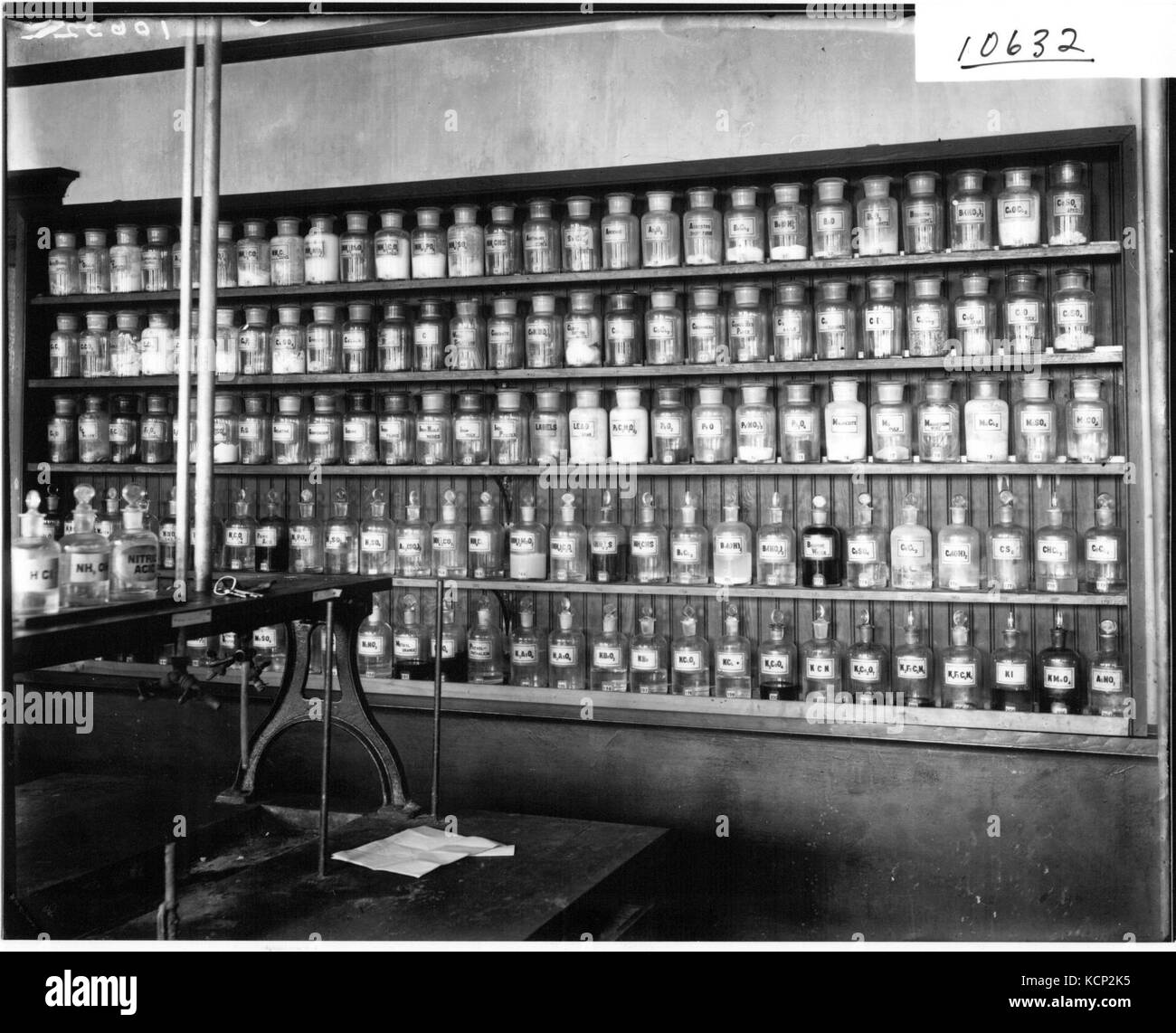 Chemicals on shelf in chemistry laboratory at Miami University 1911