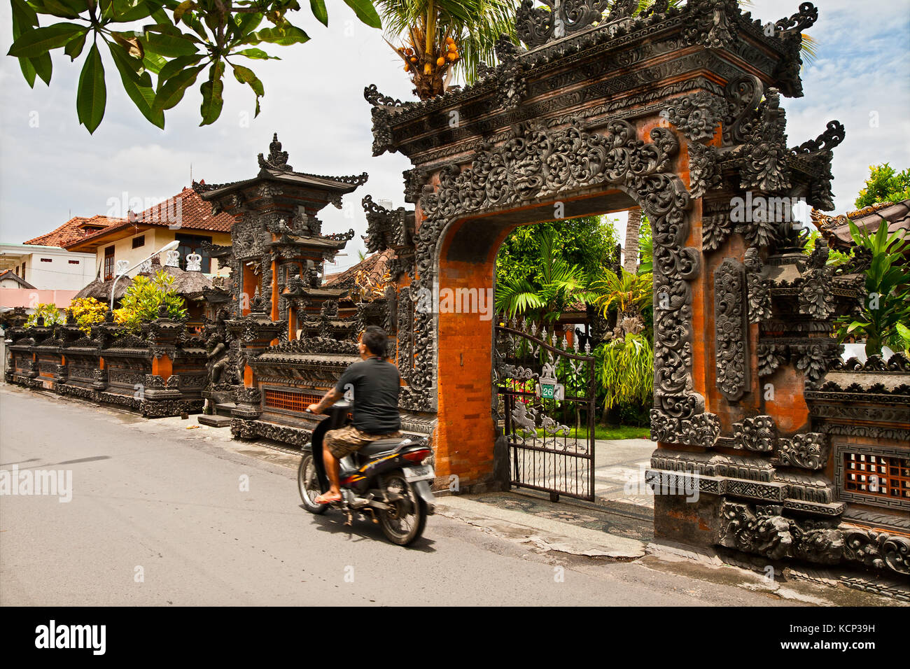 Traditional design of Balinese dwelling house and home temple Stock Photo