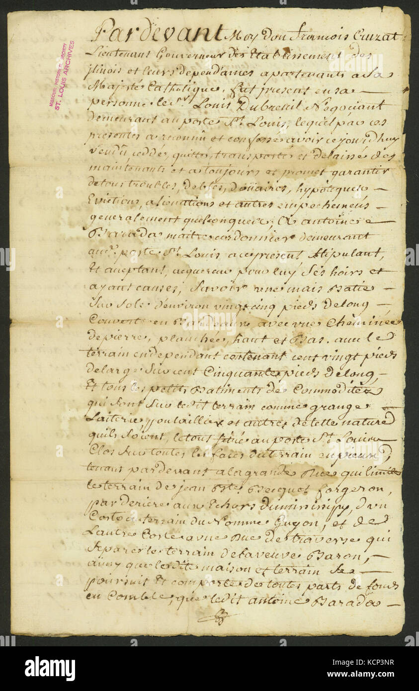Document regarding sale of Antoine Barada's property to Louis Dubreuil, February 25, 1778 Stock Photo