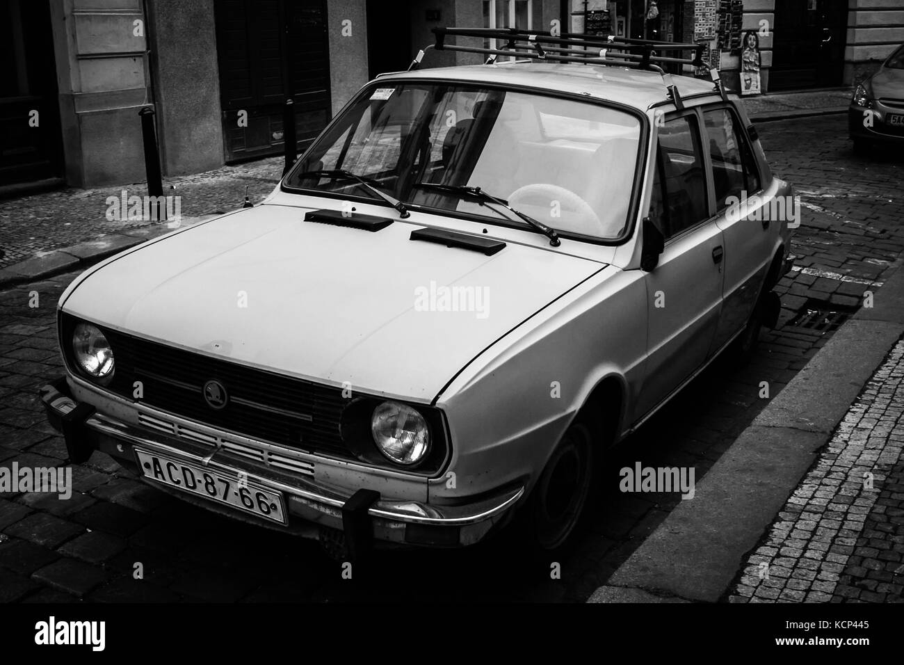 an old skoda car on the streets of prague Stock Photo